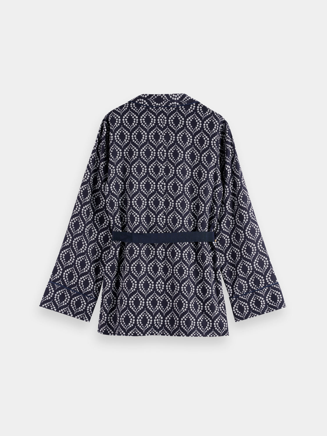 Printed SCOTCH & SODA pyjama blazer shown in black with a button-up front and tailored fit.