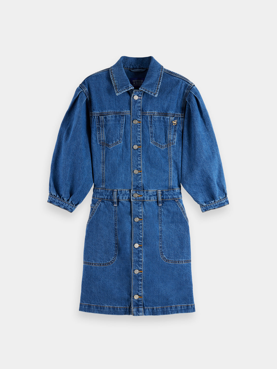 Scotch & Soda denim dress featuring a fitted silhouette, front pockets, and classic blue denim fabric.
