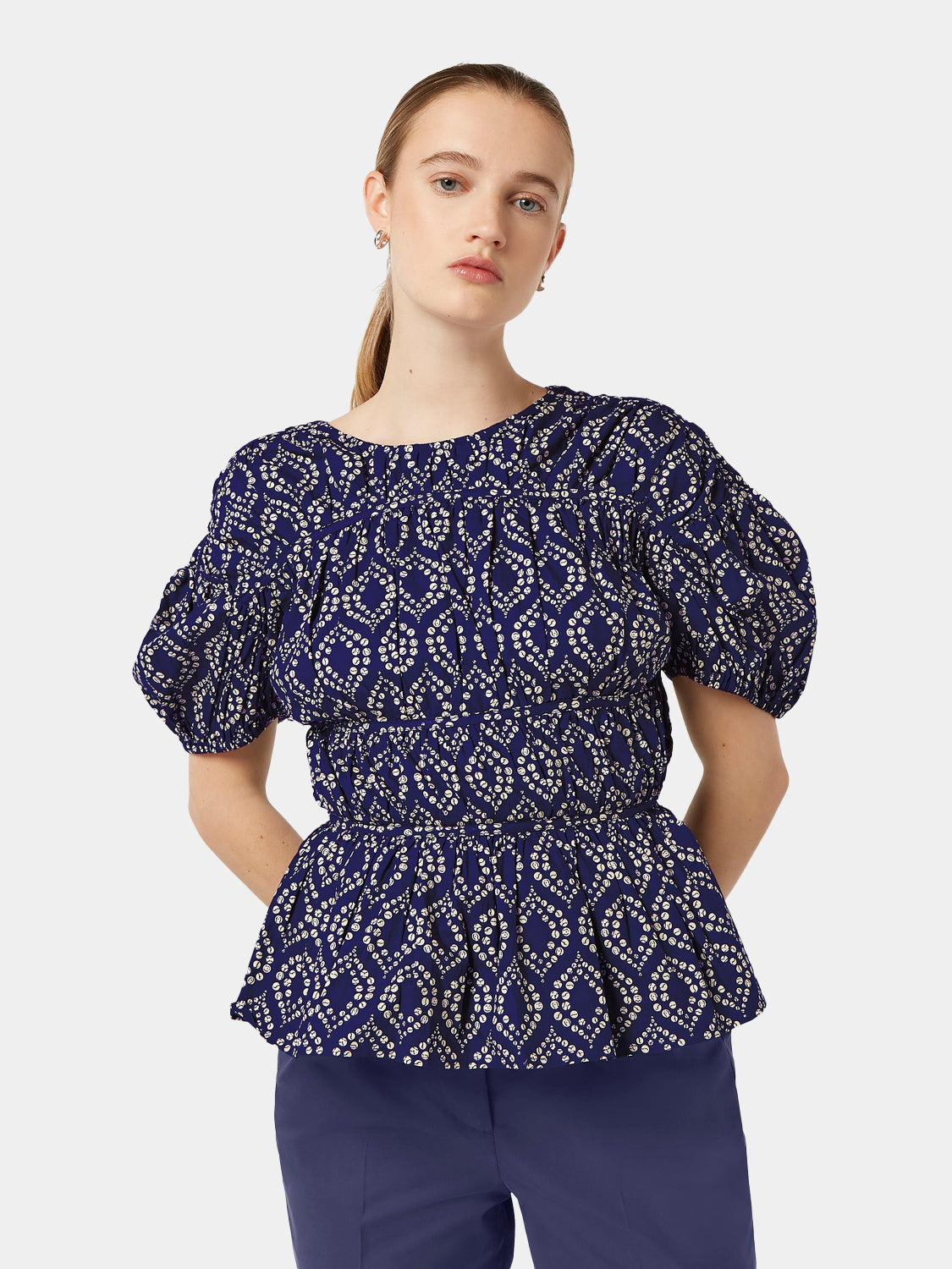 Woven gathered balloon sleeve top by Scotch & Soda showing soft fabric and stylish balloon sleeves on a neutral background.
