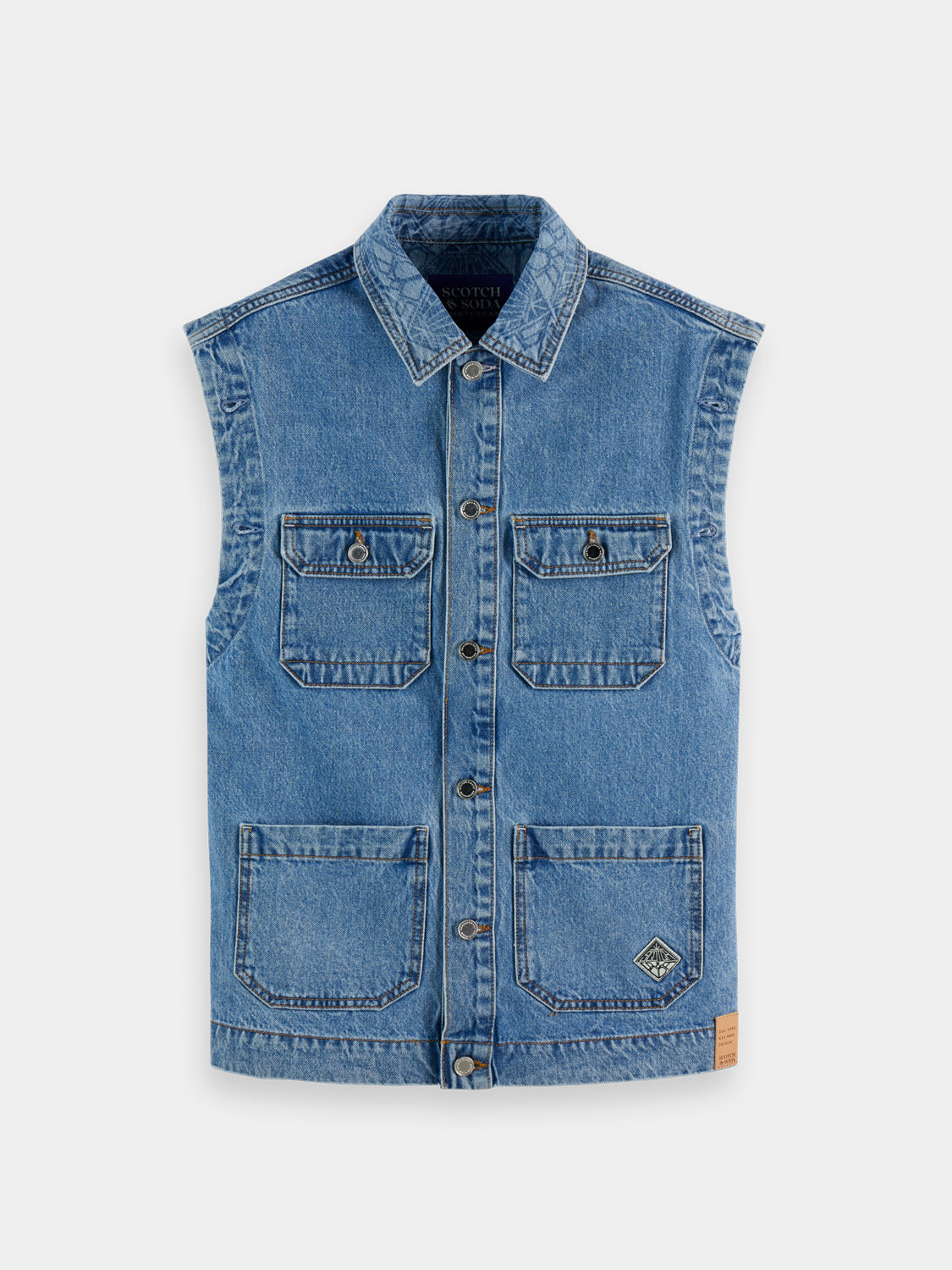 Washed denim jacket by Scotch & Soda, casual jacket with distressed details and classic fit, shown on a hanger.