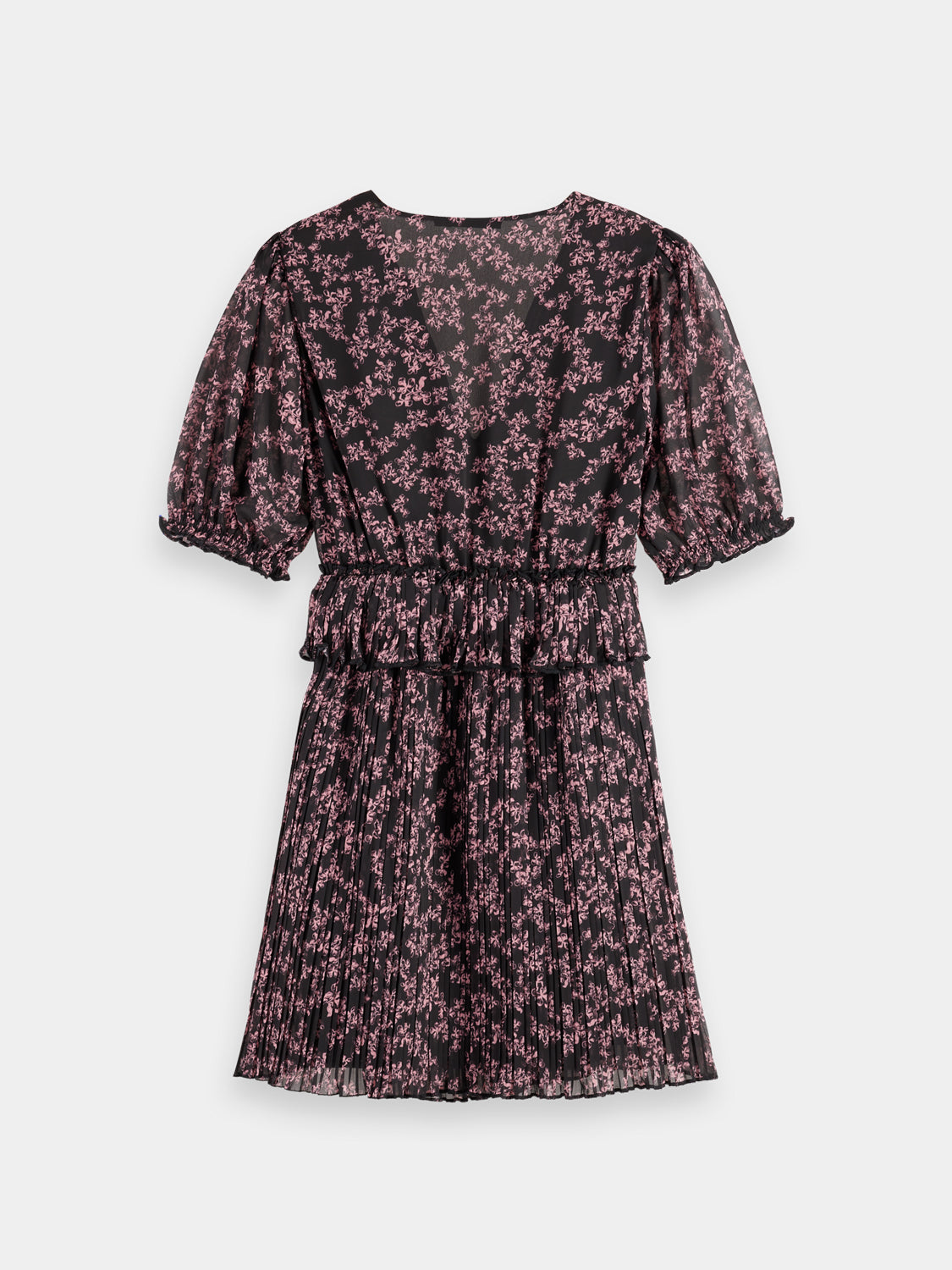 Black Scotch & Soda pleated mini dress with a fitted bodice and flared skirt, displayed on a hanger.