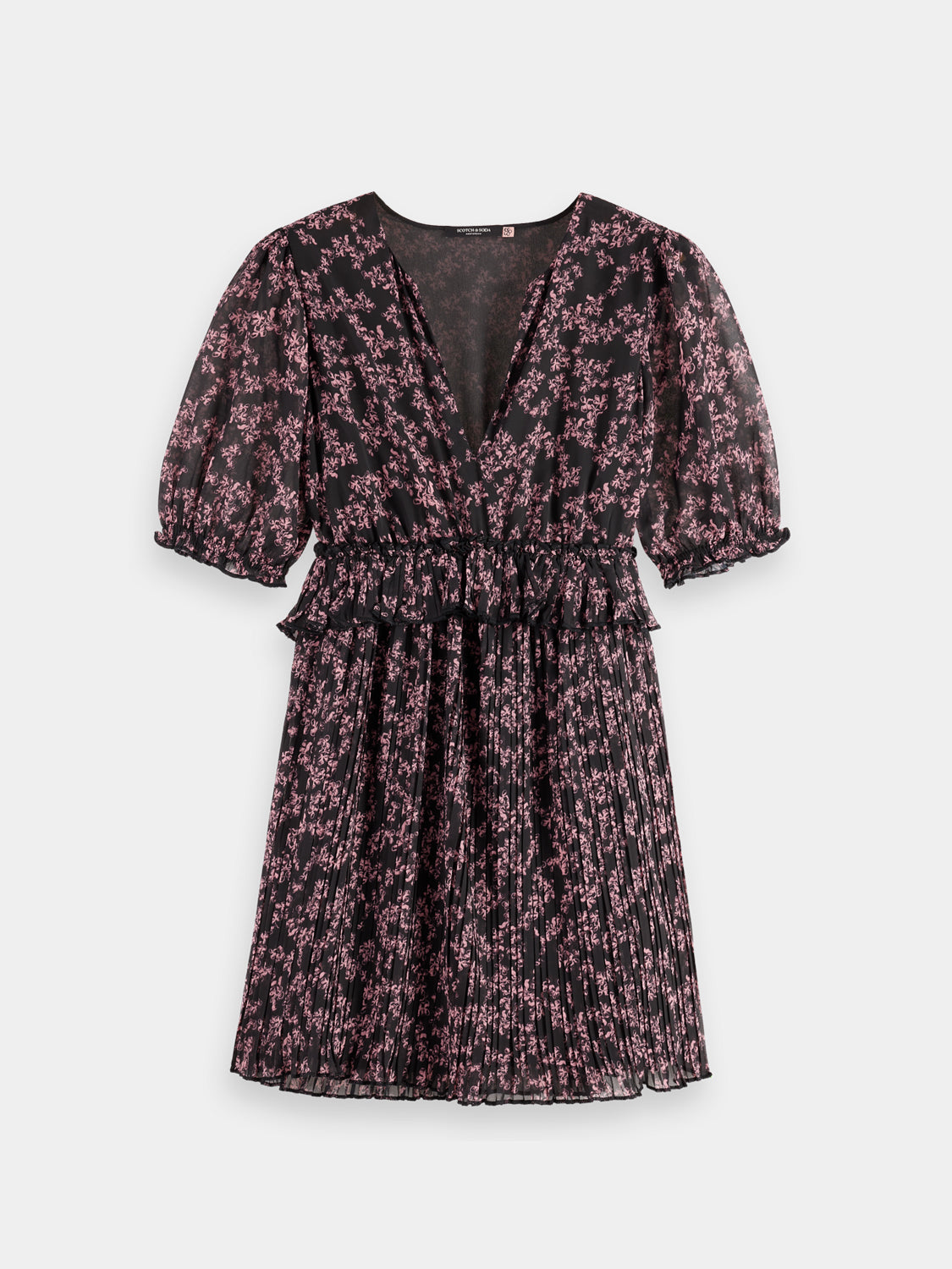 Scotch & Soda pleated mini dress with a fitted bodice and flared skirt, featuring a stylish pattern and lightweight fabric.