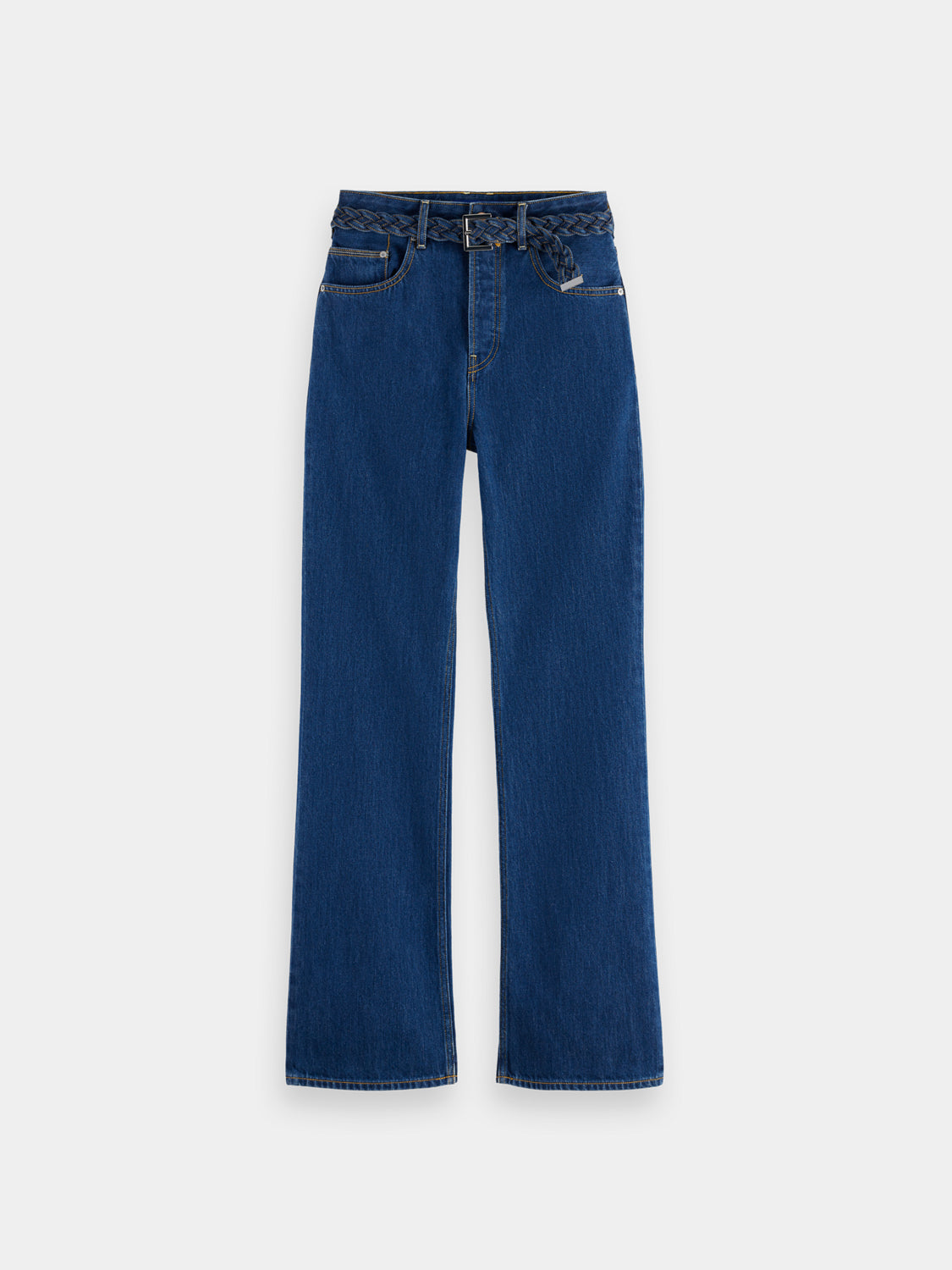 SCOTCH & SODA glow bootcut denim jeans featuring a flattering fit and classic blue wash, shown hanging on a plain background.