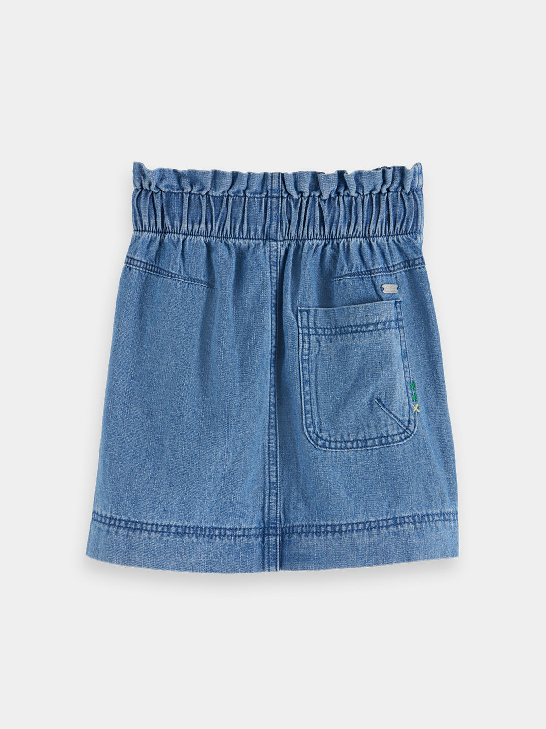 Kids denim skirt by Scotch & Soda, featuring classic blue denim with a front button and belt loops, casual and stylish for children.