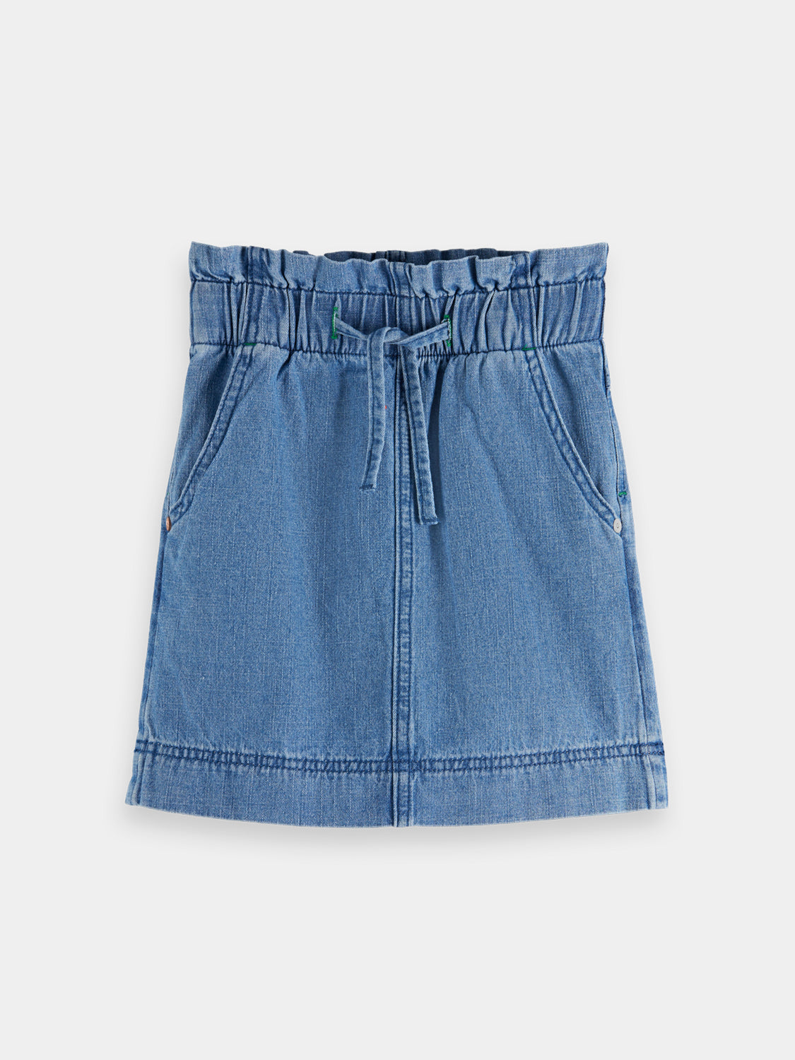 Kids denim skirt by Scotch & Soda, showing a stylish blue denim skirt with a classic design and front pockets.