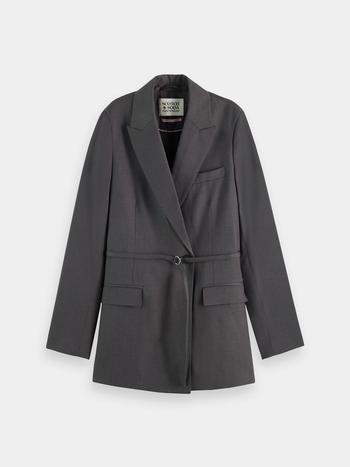 SCOTCH & SODA belted double-breasted blazer with structured lapels and tailored fit, shown in a stylish fabric design.