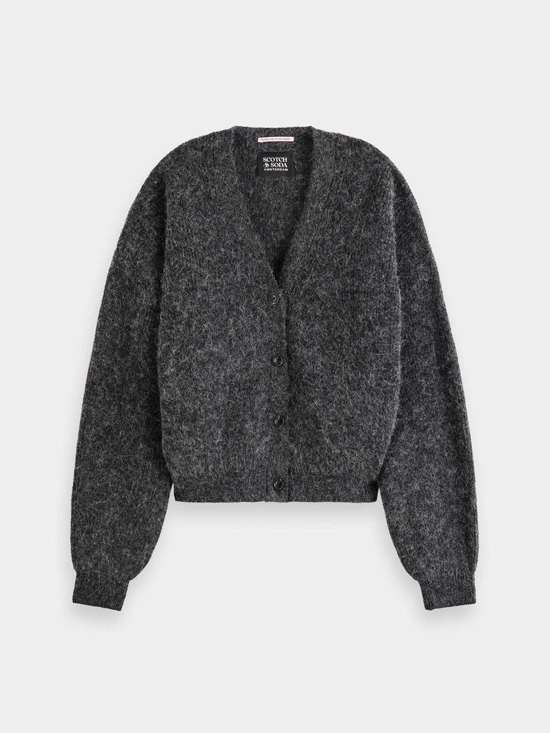 Fuzzy knit cardigan by Scotch & Soda featuring a cozy, textured design and button closure, perfect for layered winter style.
