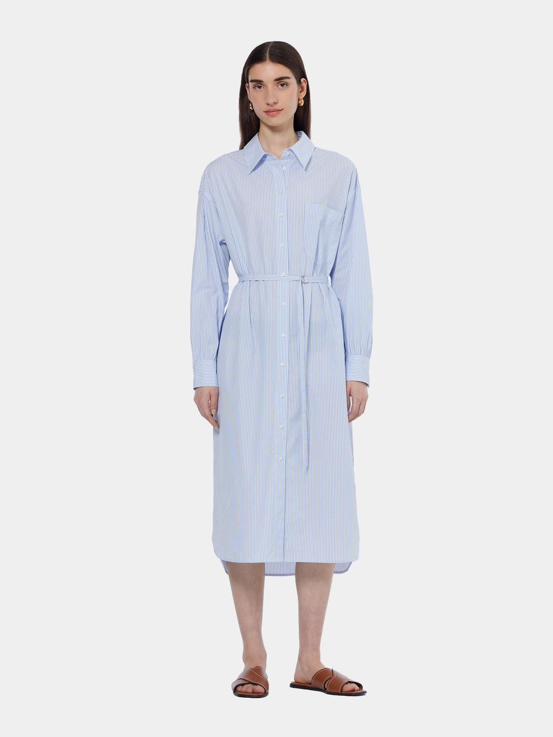 Scotch & Soda poplin shirt dress featuring a classic collar, button-front, and long sleeves, displayed on a model.