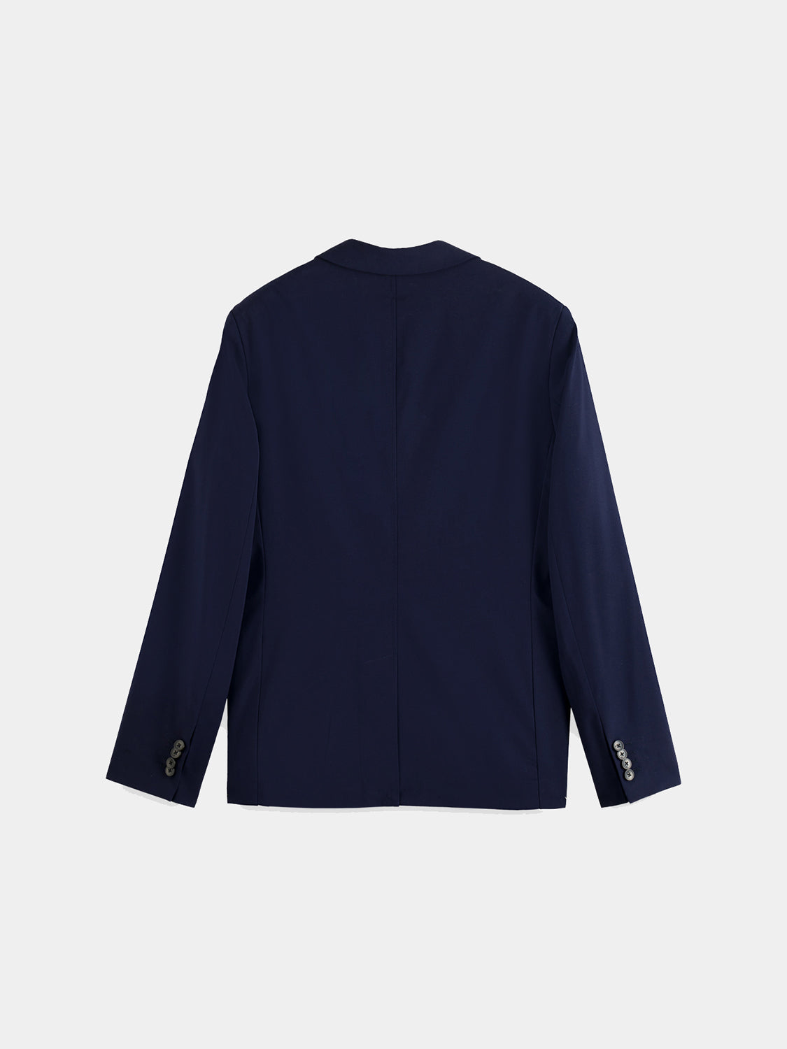 Black Scotch & Soda peak lapel blazer with structured fit and tailored design, shown on a hanger.
