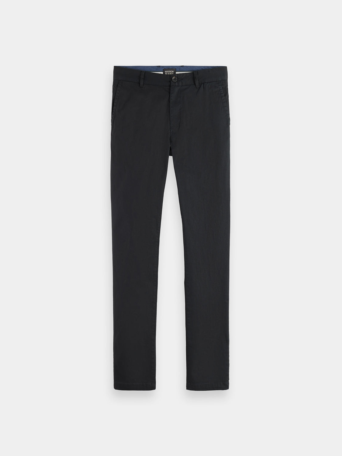Scotch & Soda Mott super slim-fit chinos pants in a neutral color, close-up view of the tailored fit and fabric texture.