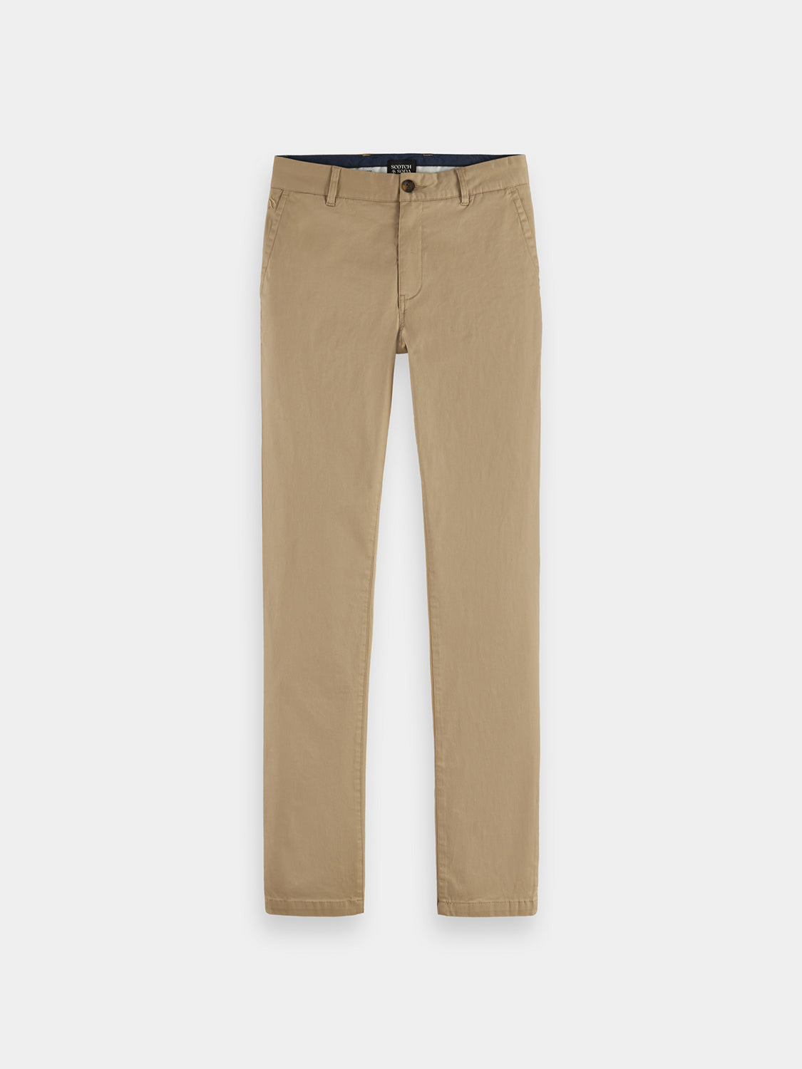 Slim-fit Mott chino pants by Scotch & Soda in classic color, shown on a model with a close-up of the waistband and front pockets.