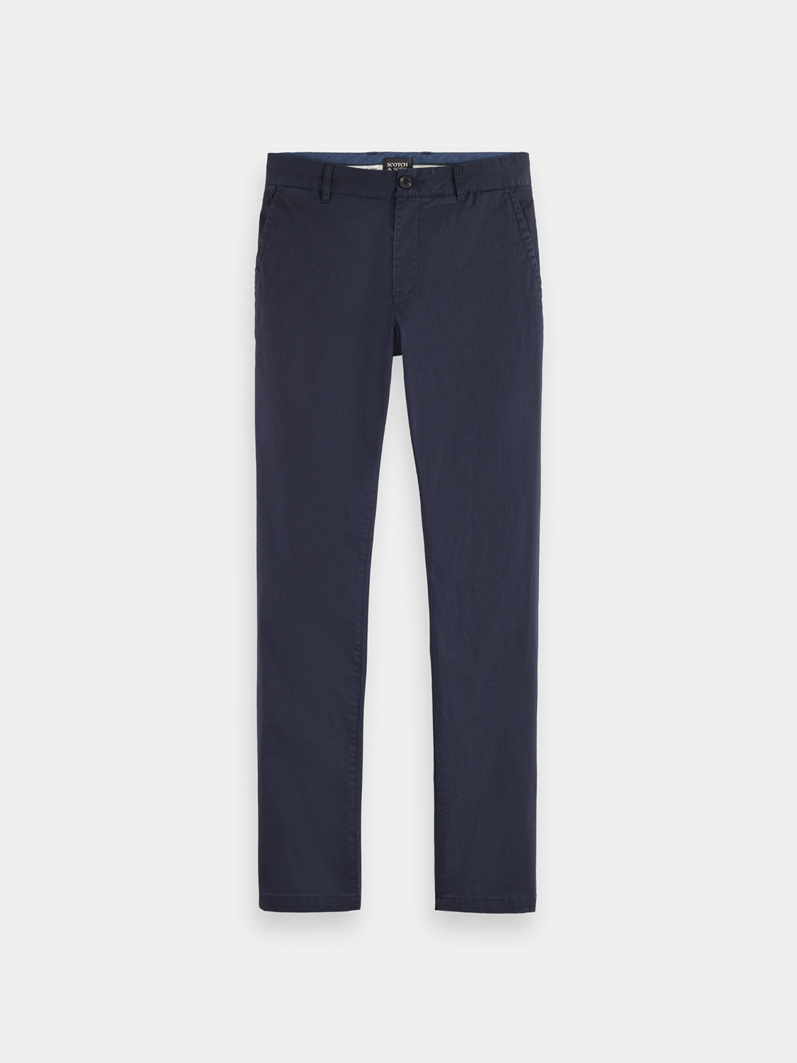 Scotch & Soda Mott super slim-fit chinos pants in a neutral color, shown on a model with front view and casual styling.