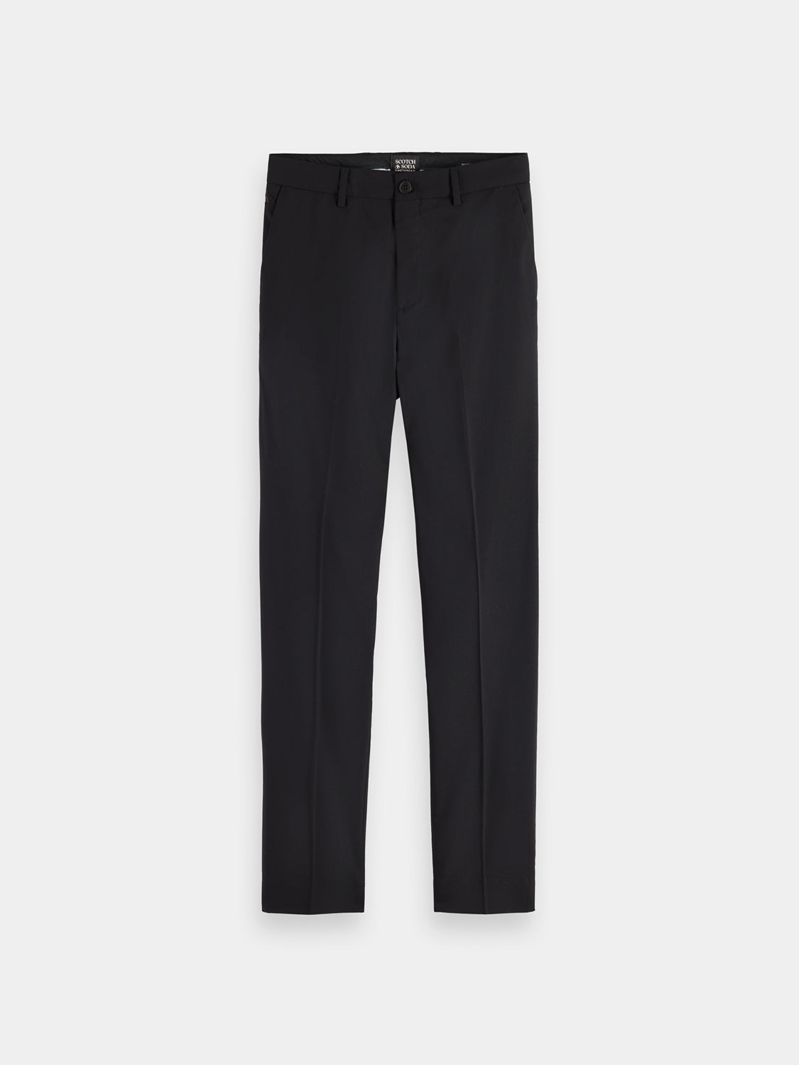 Irving tapered chinos by Scotch & Soda, men's casual pants in neutral color, front view showing fit and fabric texture.