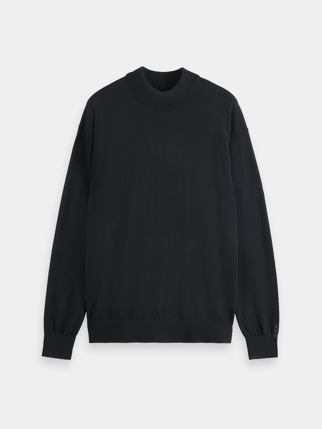 Close-up of a black Scotch & Soda knitwear mock neck sweater with a ribbed collar and textured fabric.