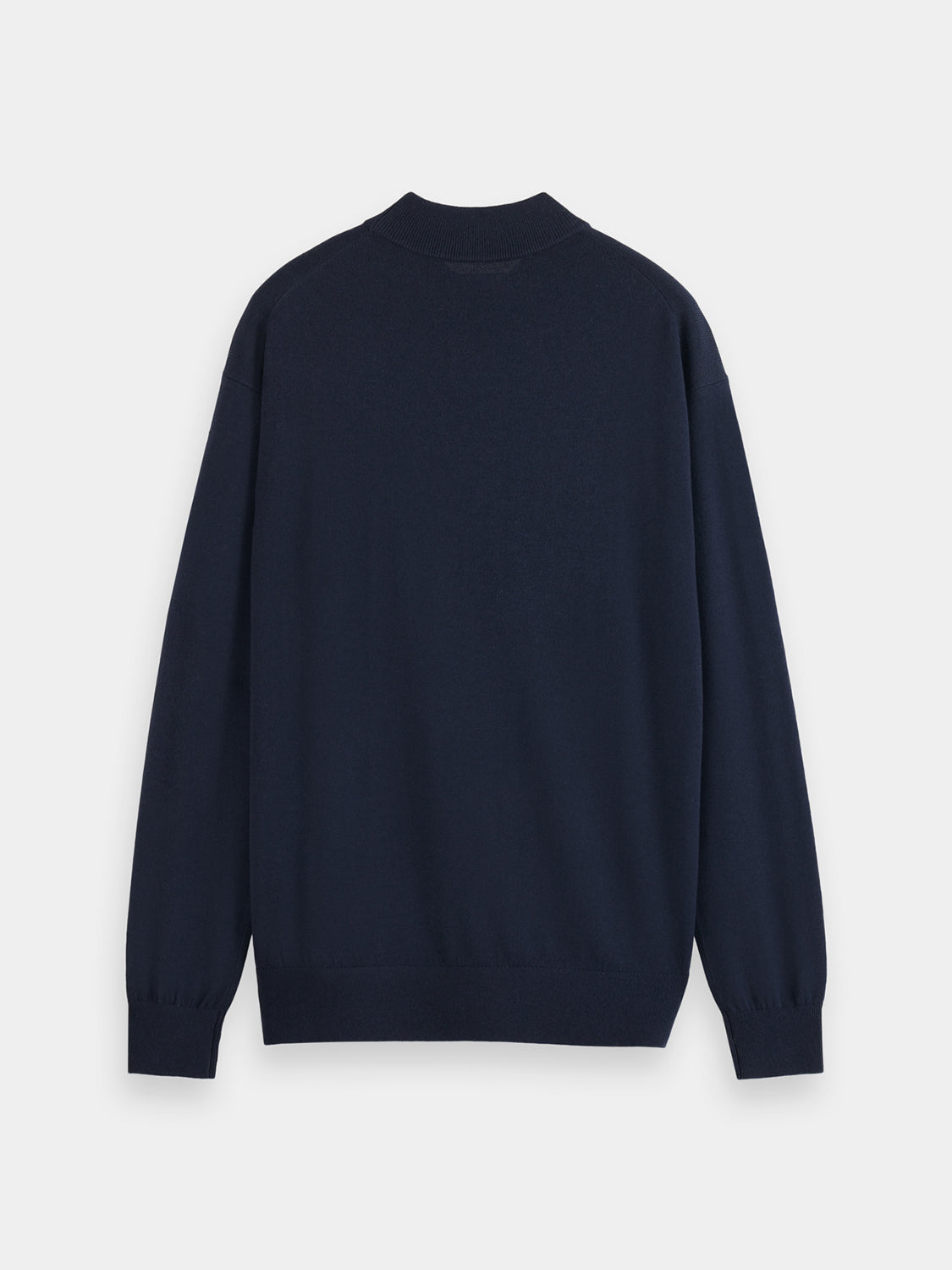 Black knit mock neck sweater from Scotch & Soda, featuring a close-up of the textured knit fabric and classic collar.