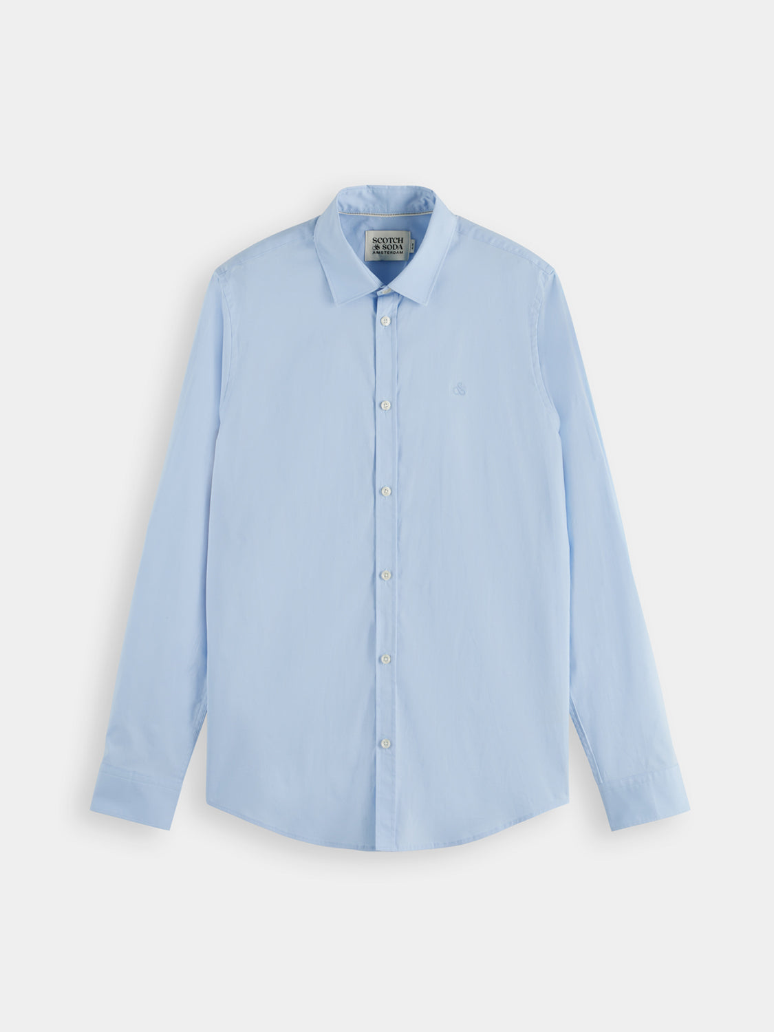 Long sleeve Scotch & Soda poplin shirt shown in navy, featuring a classic collar and button-down front.