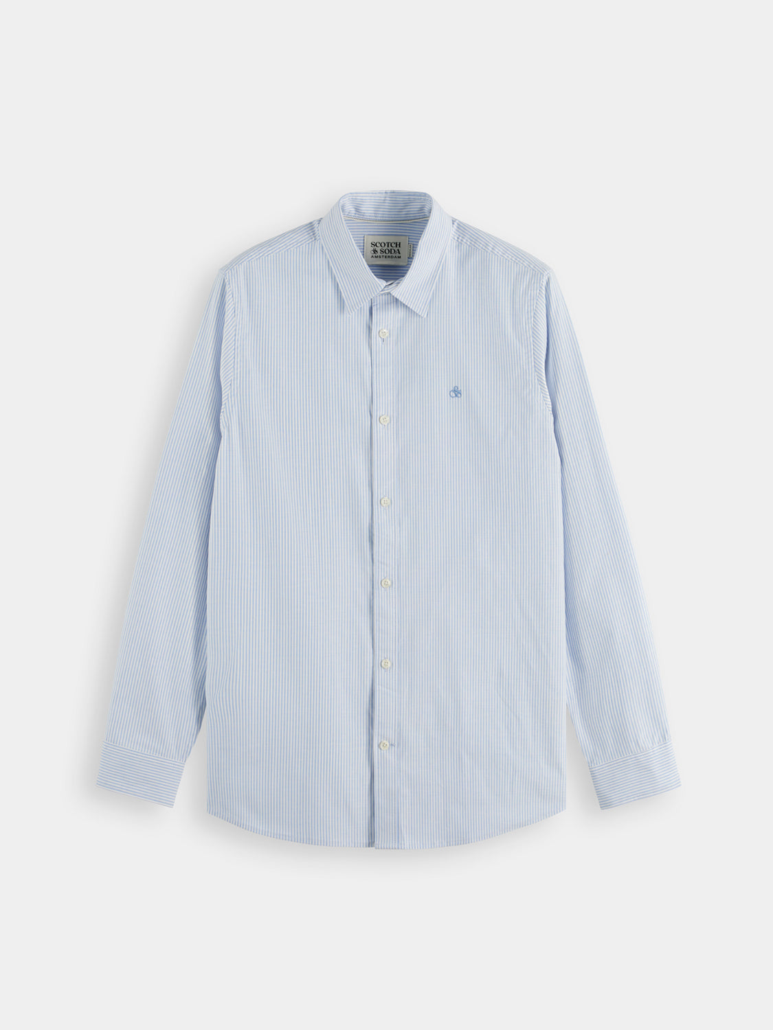 Long-sleeve striped oxford shirt by Scotch & Soda, showing the classic button-down collar and blue and white vertical stripes.