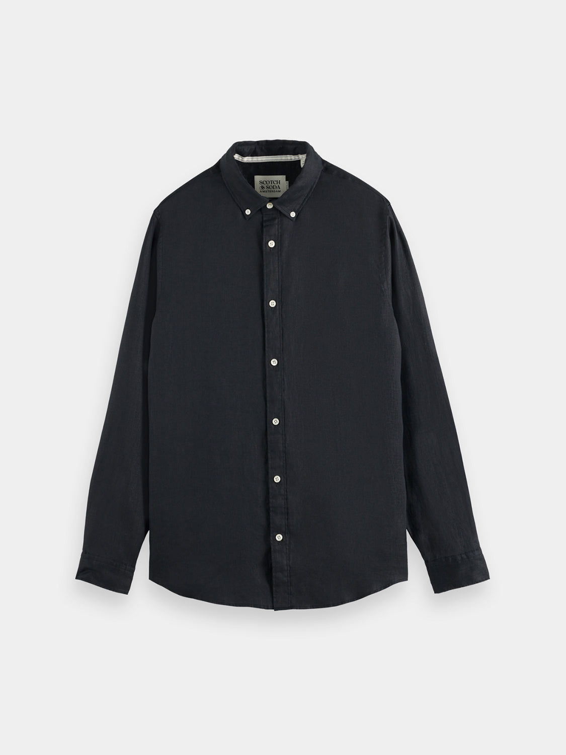 Long-sleeve Scotch & Soda linen shirt in natural fabric, shown with collar and button-down front, casual and breathable style.