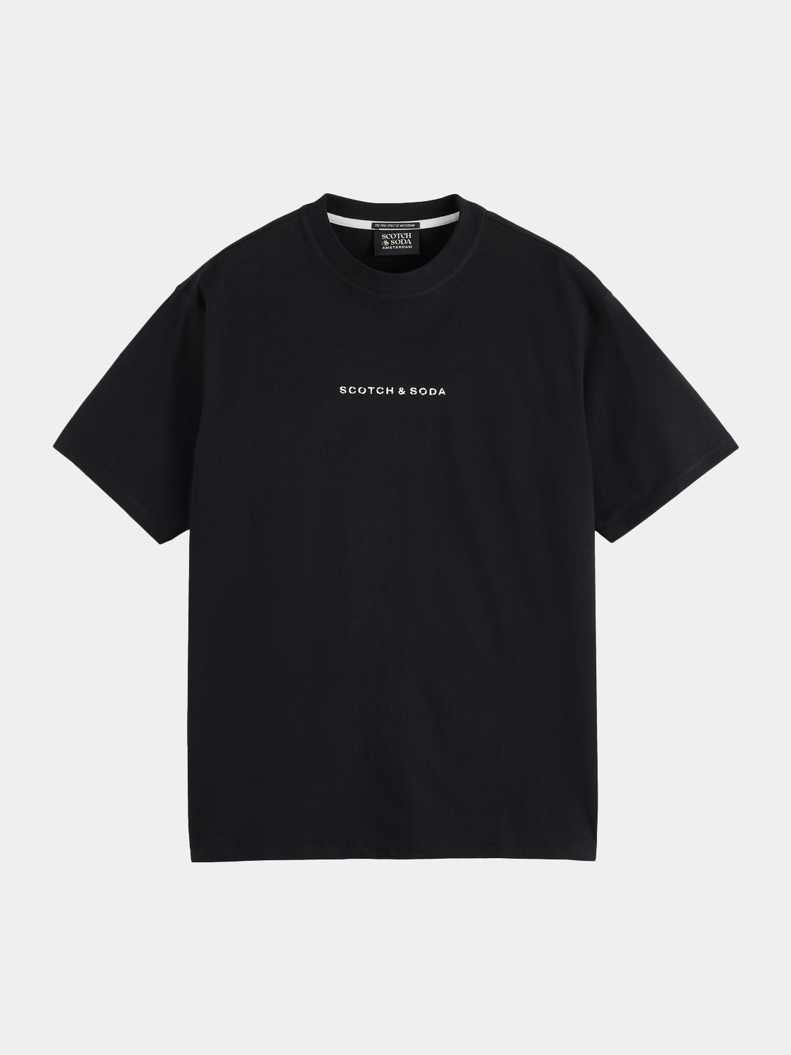 Scotch & Soda logo T-shirt with short sleeves, black fabric, and a prominent logo print on the front.