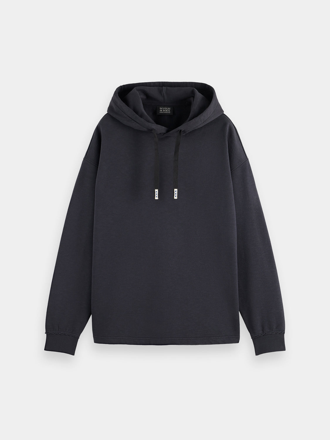 Black embroidered logo hoodie from Scotch & Soda, casual sweat with detailed front embroidery and comfortable fit.