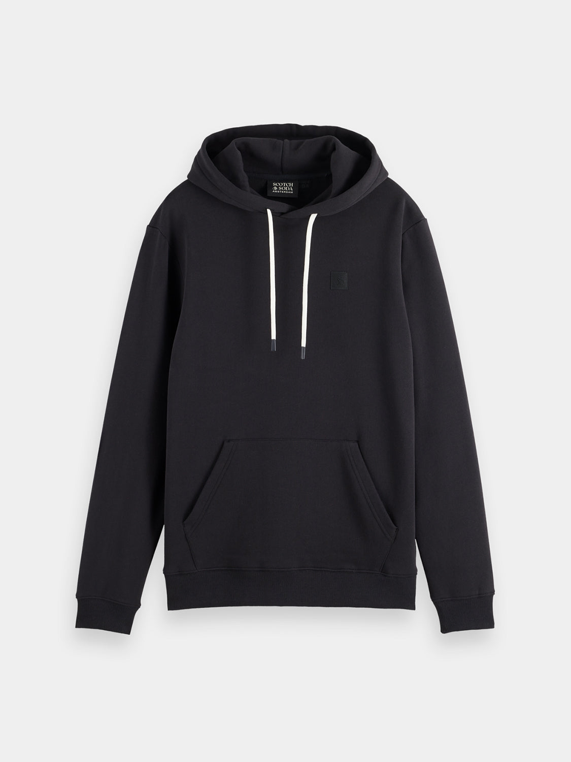 Scotch & Soda logo hoodie, black sweatshirt with front logo print, casual streetwear style, soft cotton fabric.