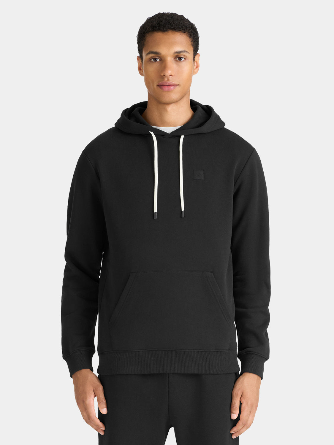 Black Scotch & Soda logo hoodie, cozy sweatshirt with front logo design, casual streetwear style, soft fabric and comfortable fit.