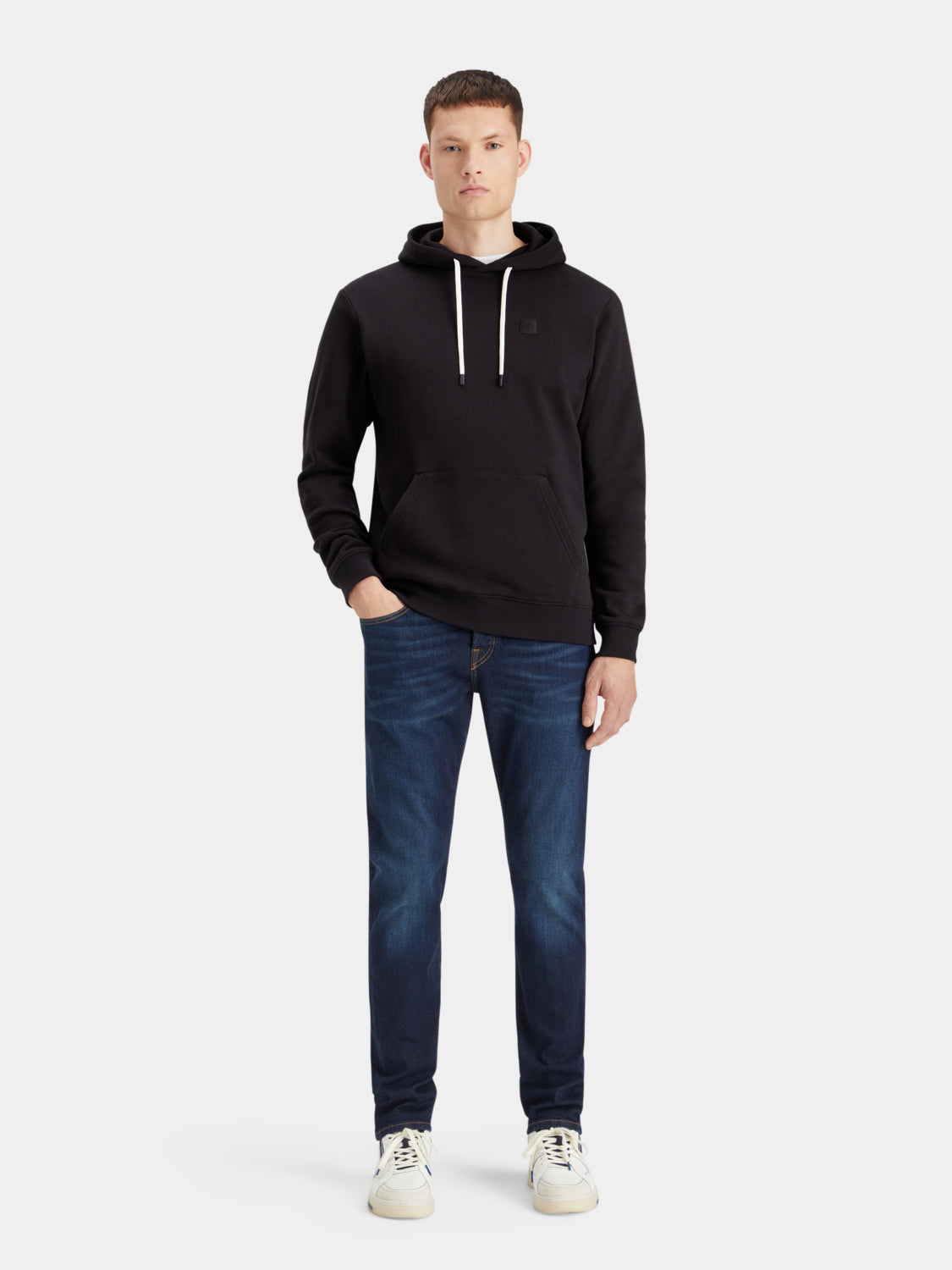 Scotch & Soda logo hoodie, navy blue sweatshirt with front logo print, casual and comfortable men's or women's sweats.