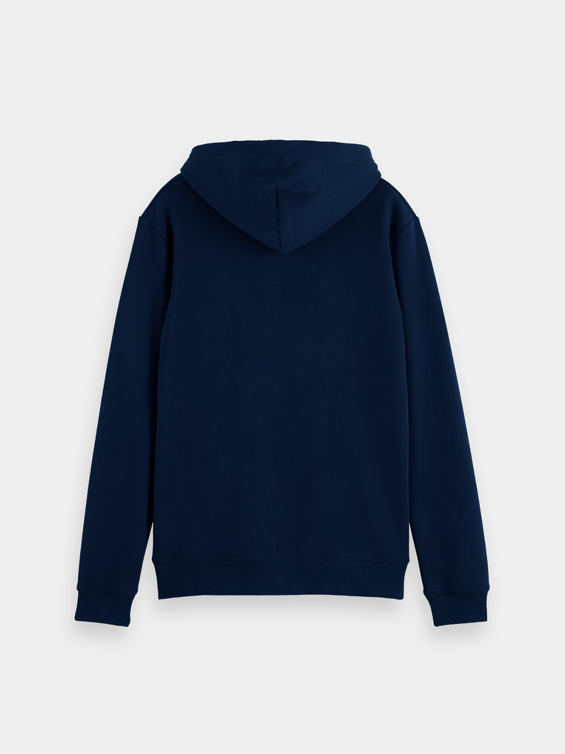 Black logo hoodie from Scotch & Soda, cozy sweat with front logo graphic and ribbed cuffs, casual streetwear style.