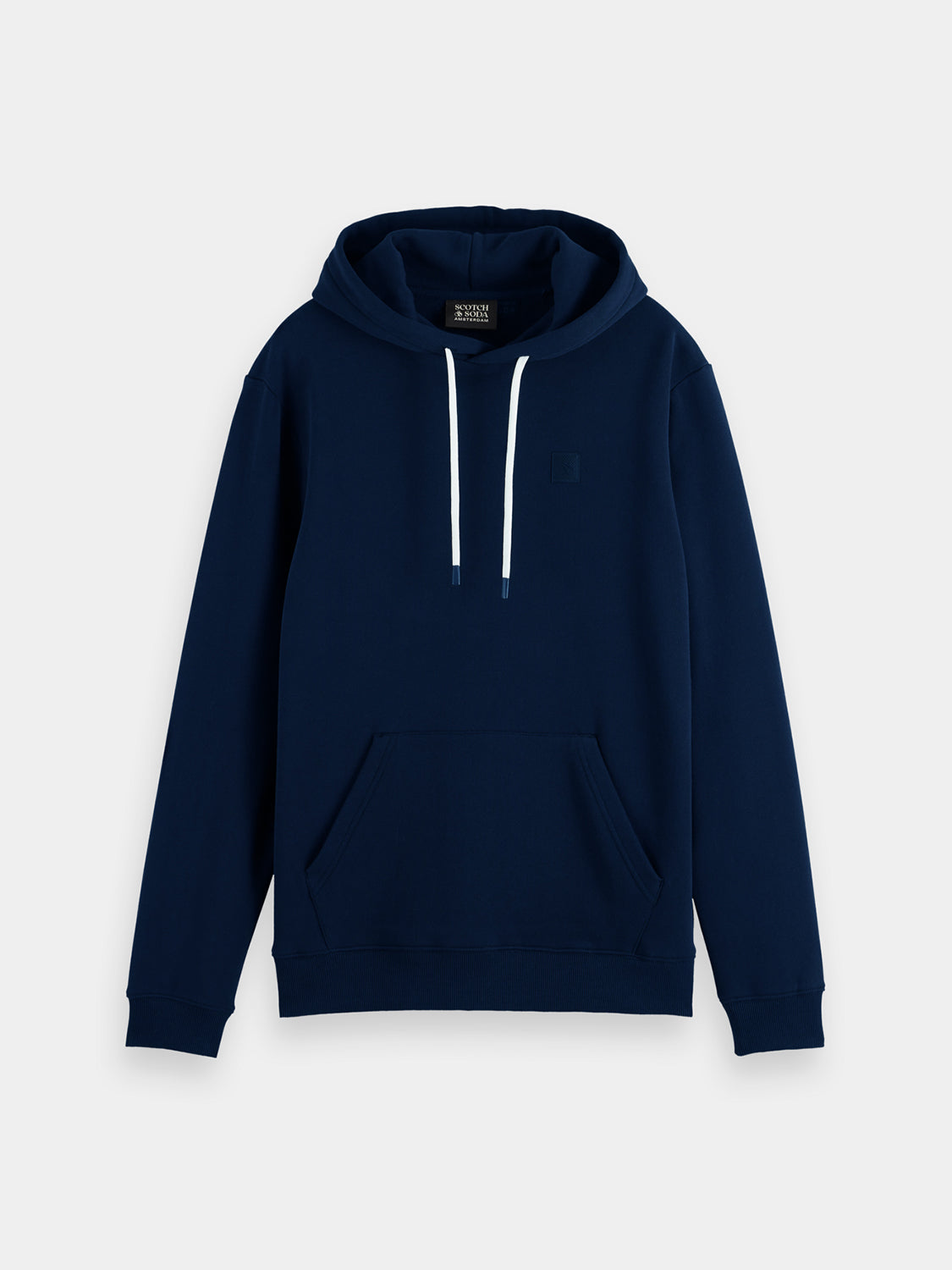 SCOTCH & SODA logo hoodie, black sweatshirt with brand logo on front, casual and comfortable streetwear style.