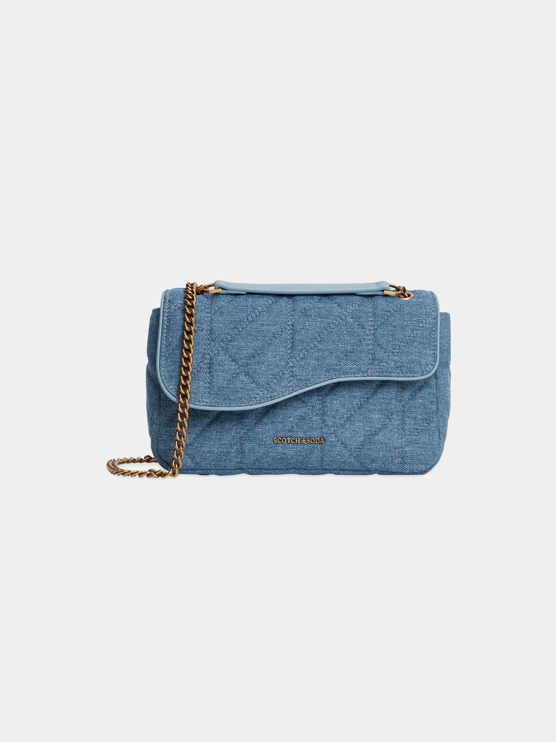 Scotch & Soda denim crossbody bag with adjustable strap and front pocket, stylish casual accessory for everyday use.