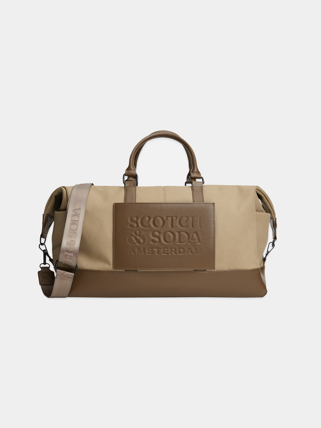 Scotch & Soda canvas weekender bag with black handles and adjustable shoulder strap, showing front view of stylish travel bag.