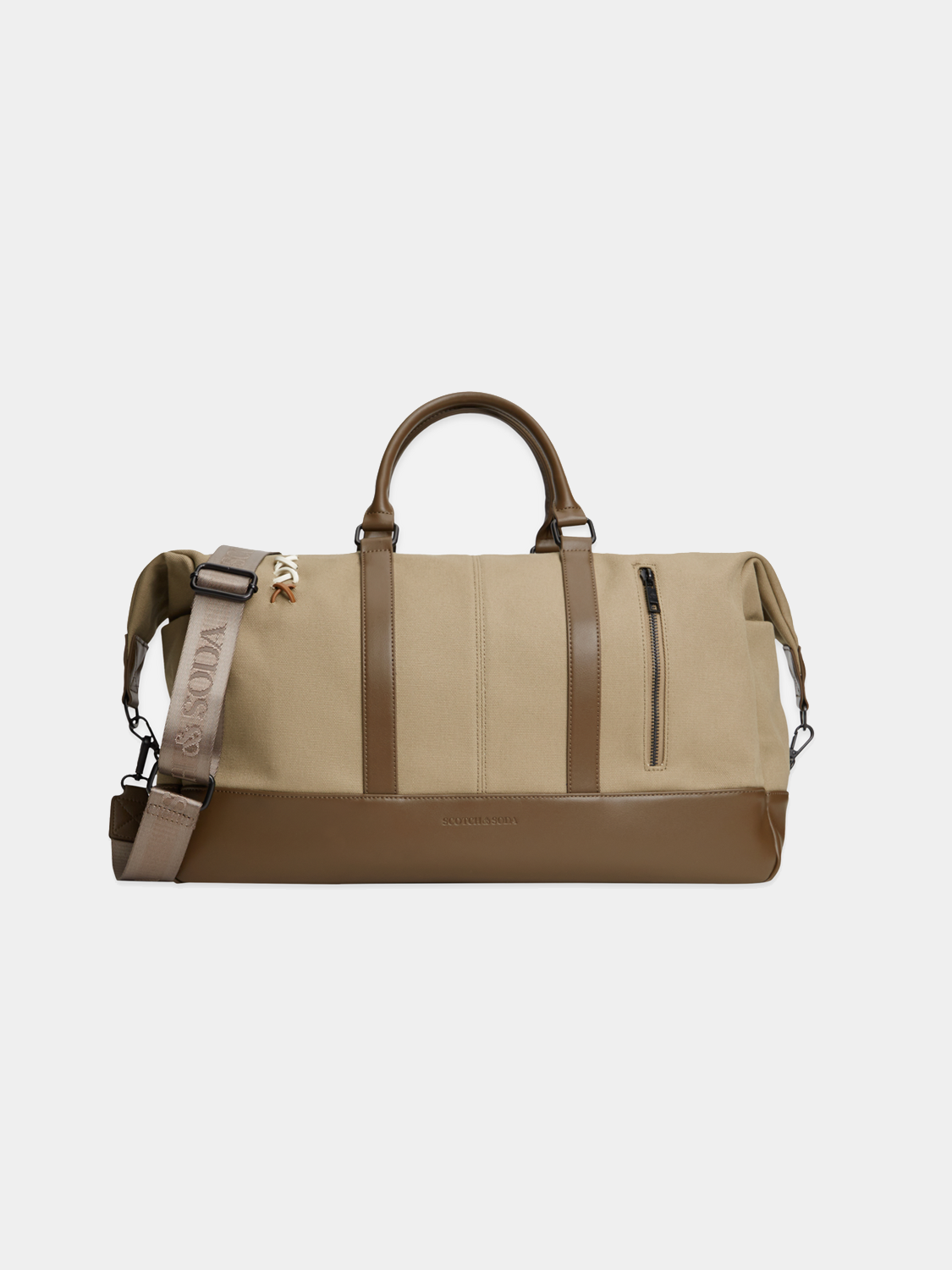 Canvas weekender bag by Scotch & Soda with leather handles and spacious interior, ideal for travel and weekend trips.