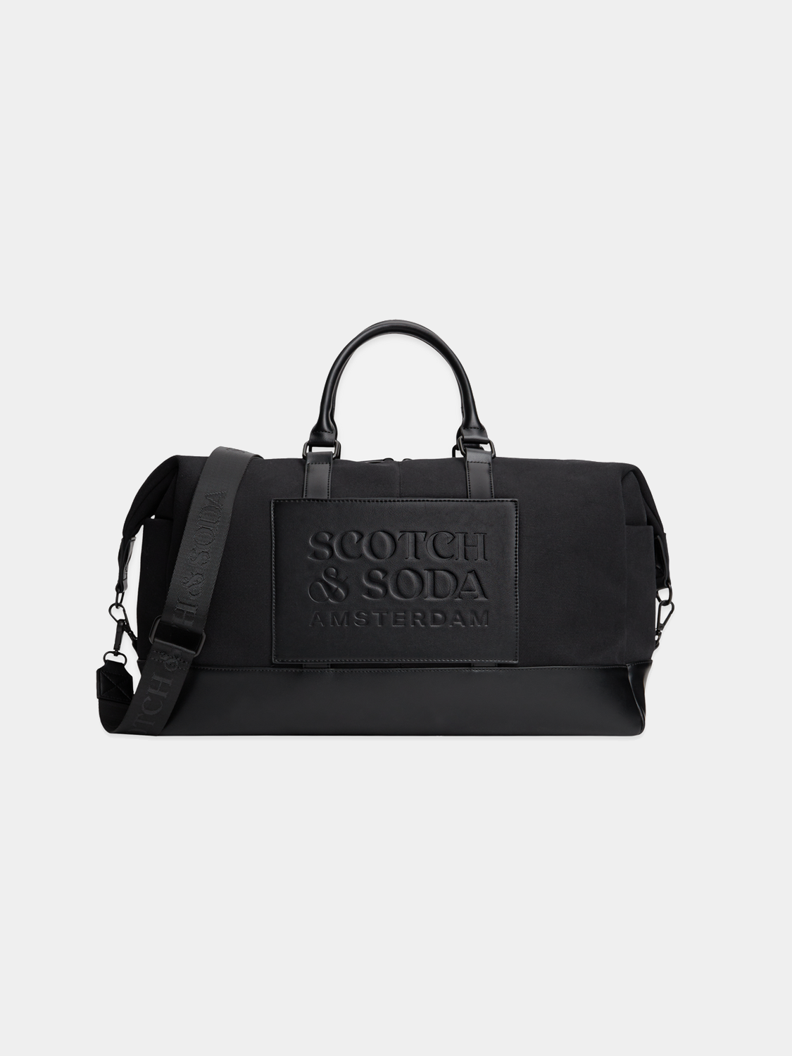 Black Scotch & Soda canvas weekender bag with handles and adjustable strap, showcasing durable fabric and spacious design.