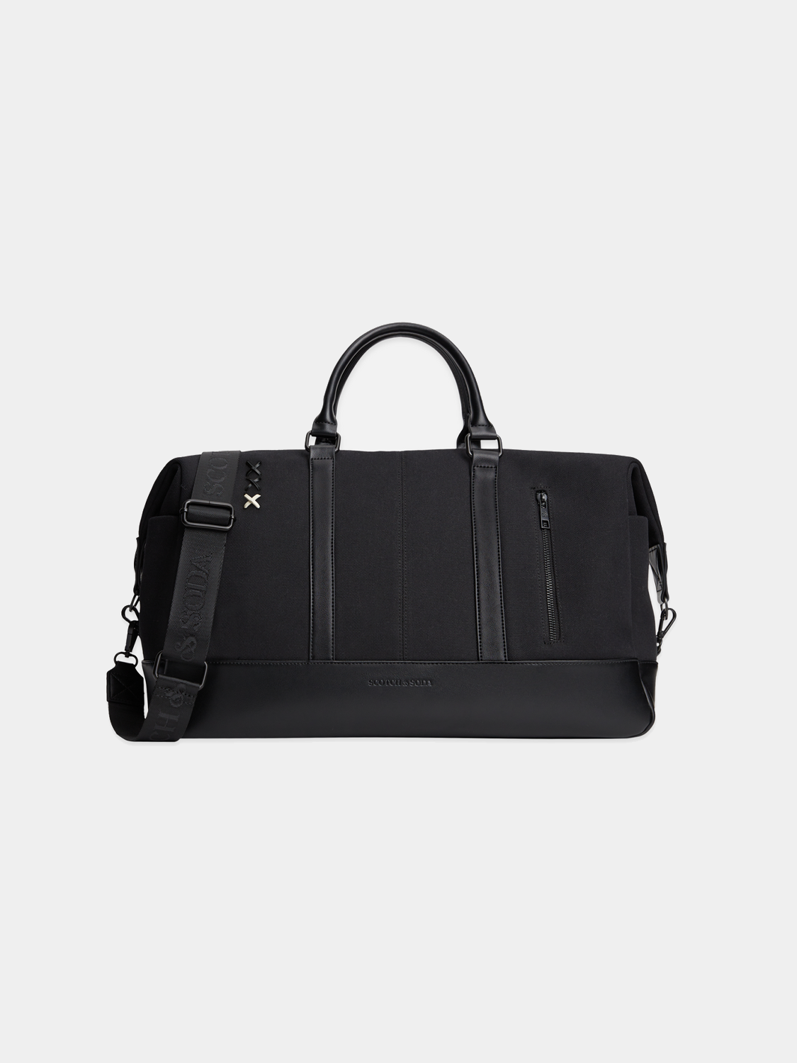 Canvas weekender bag by Scotch & Soda, showing a stylish, spacious bag with leather handles and a minimalist design.