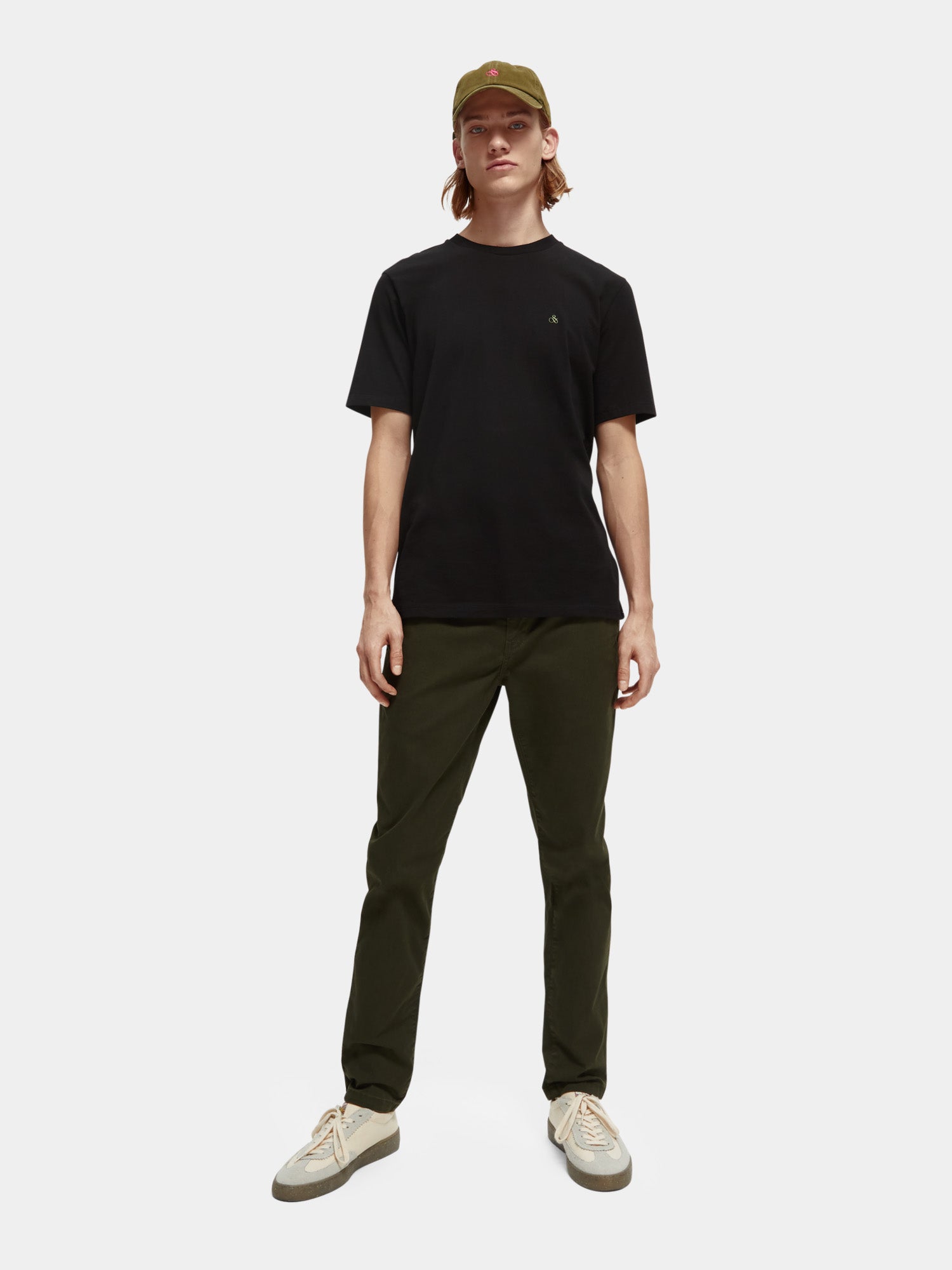 Light blue Scotch & Soda short-sleeve jersey t-shirt with a crew neckline, displayed on a model.