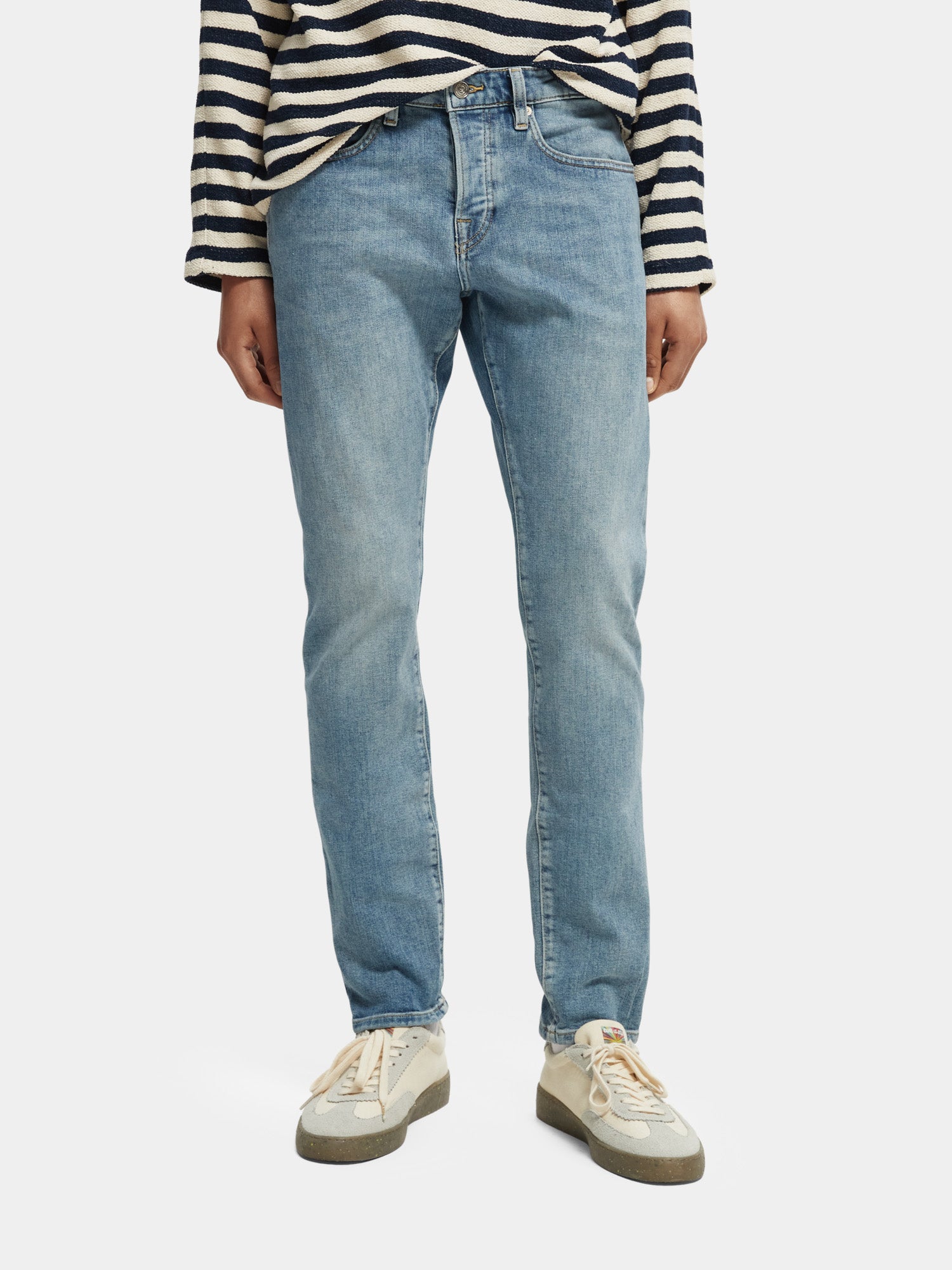 Scotch & Soda Ralston slim fit denim jeans in dark wash, showcasing classic five-pocket design and tapered fit.