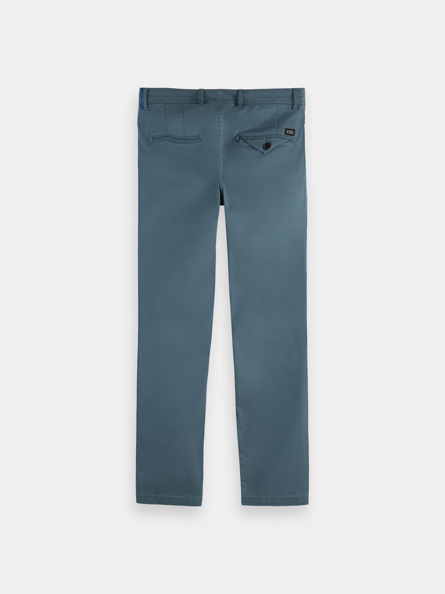 Navy Stuart slim fit chinos by Scotch & Soda, shown flat with front and back view, made from lightweight cotton fabric.