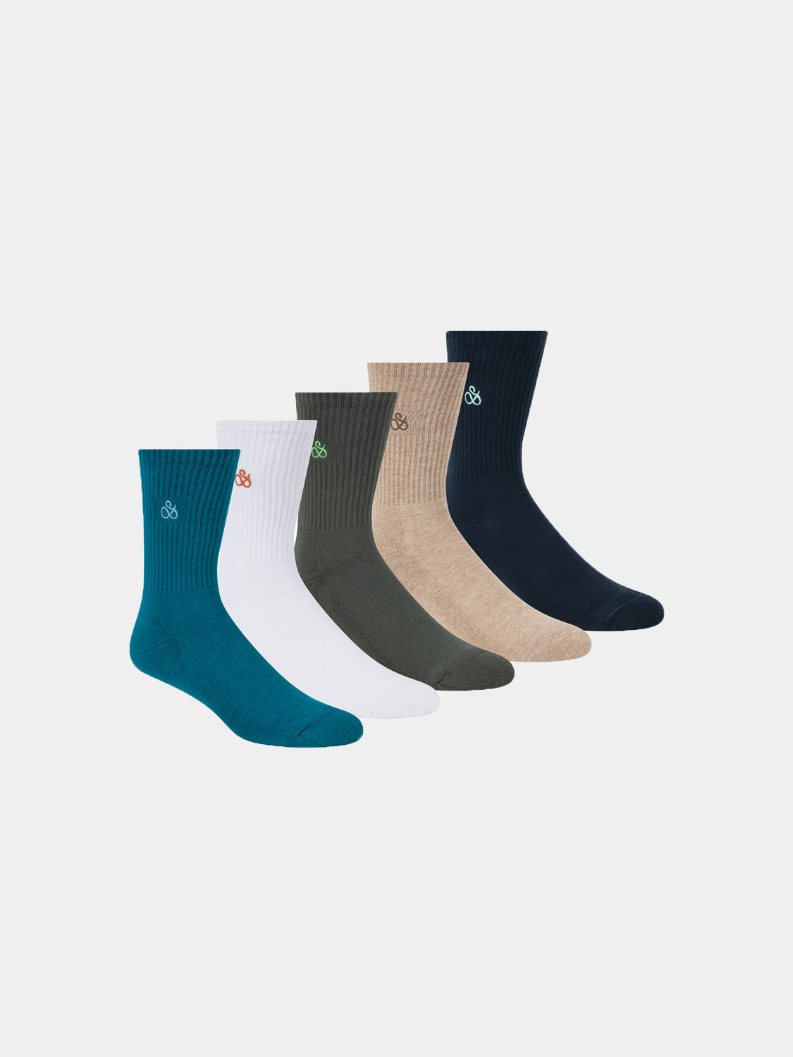 Five-pack SCOTCH & SODA crew socks box set featuring colorful, patterned cotton socks displayed in a neatly arranged collection.