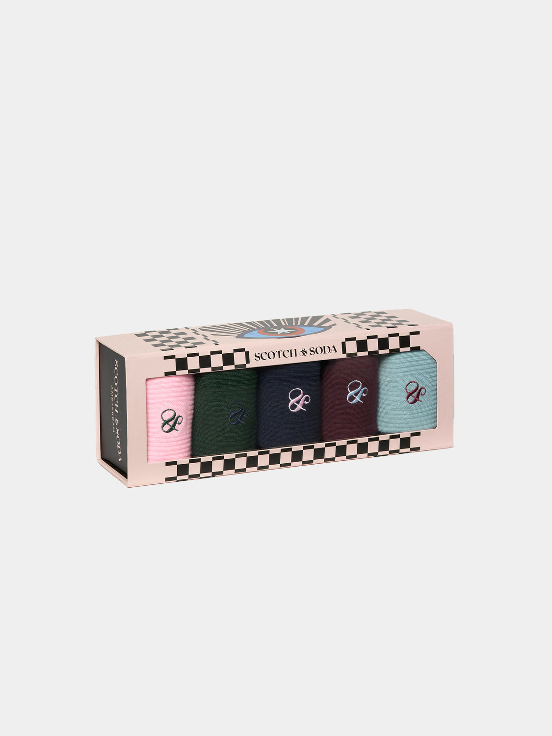 Set of five Scotch & Soda crew socks in various colors, displayed in a box set for casual and stylish everyday wear.