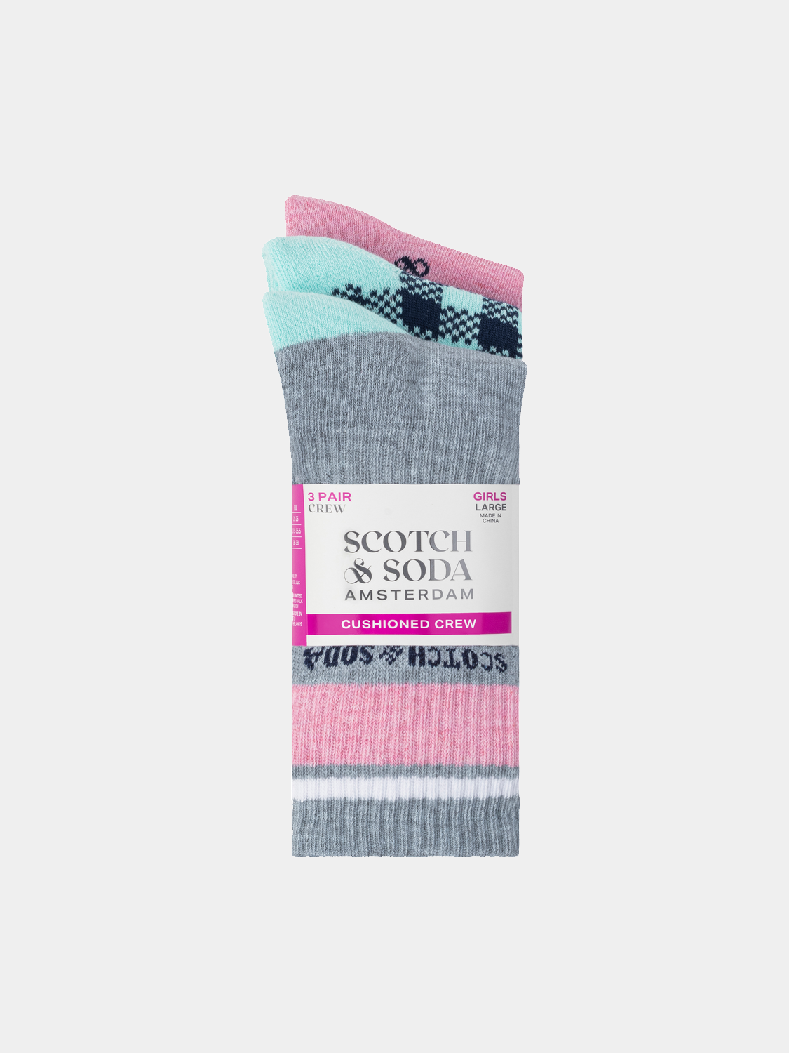 Three pairs of kids' crew socks from Scotch & Soda, featuring colorful patterns and comfortable fabric, perfect for everyday wear.