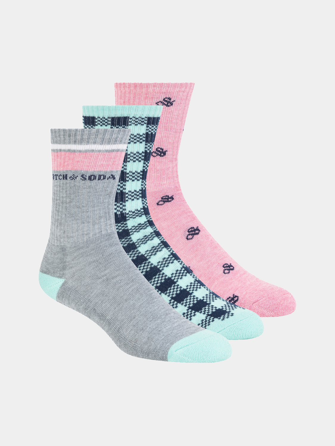 Kids' 3-pack crew socks from Scotch & Soda, featuring colorful patterns and soft fabric, ideal for children's everyday wear.