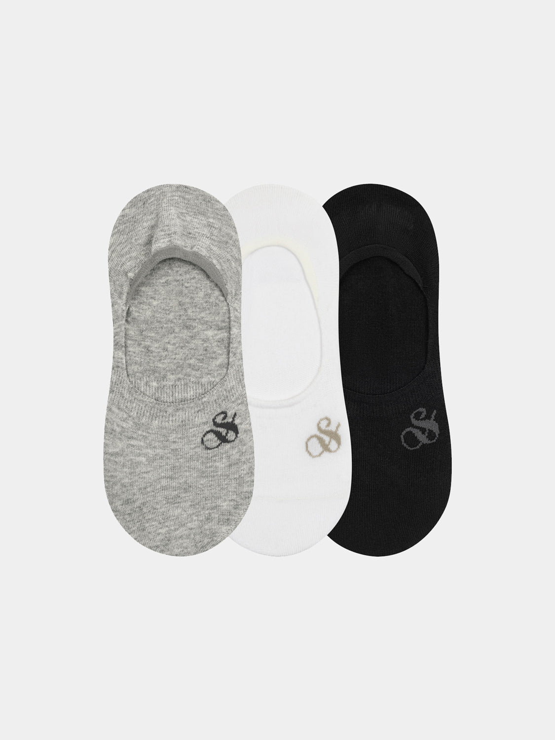Three pairs of SCOTCH & SODA no-show socks in black, displayed flat with elastic cuffs and cushioned soles.