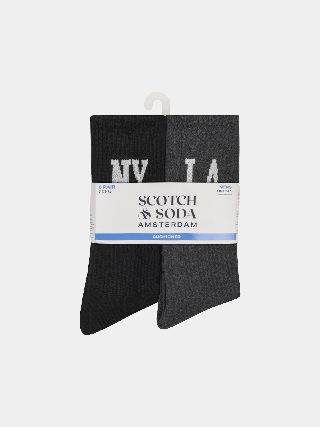 Six-pack of Scotch & Soda crew socks in various colors, casual knit socks with ribbed cuffs, suitable for everyday wear.
