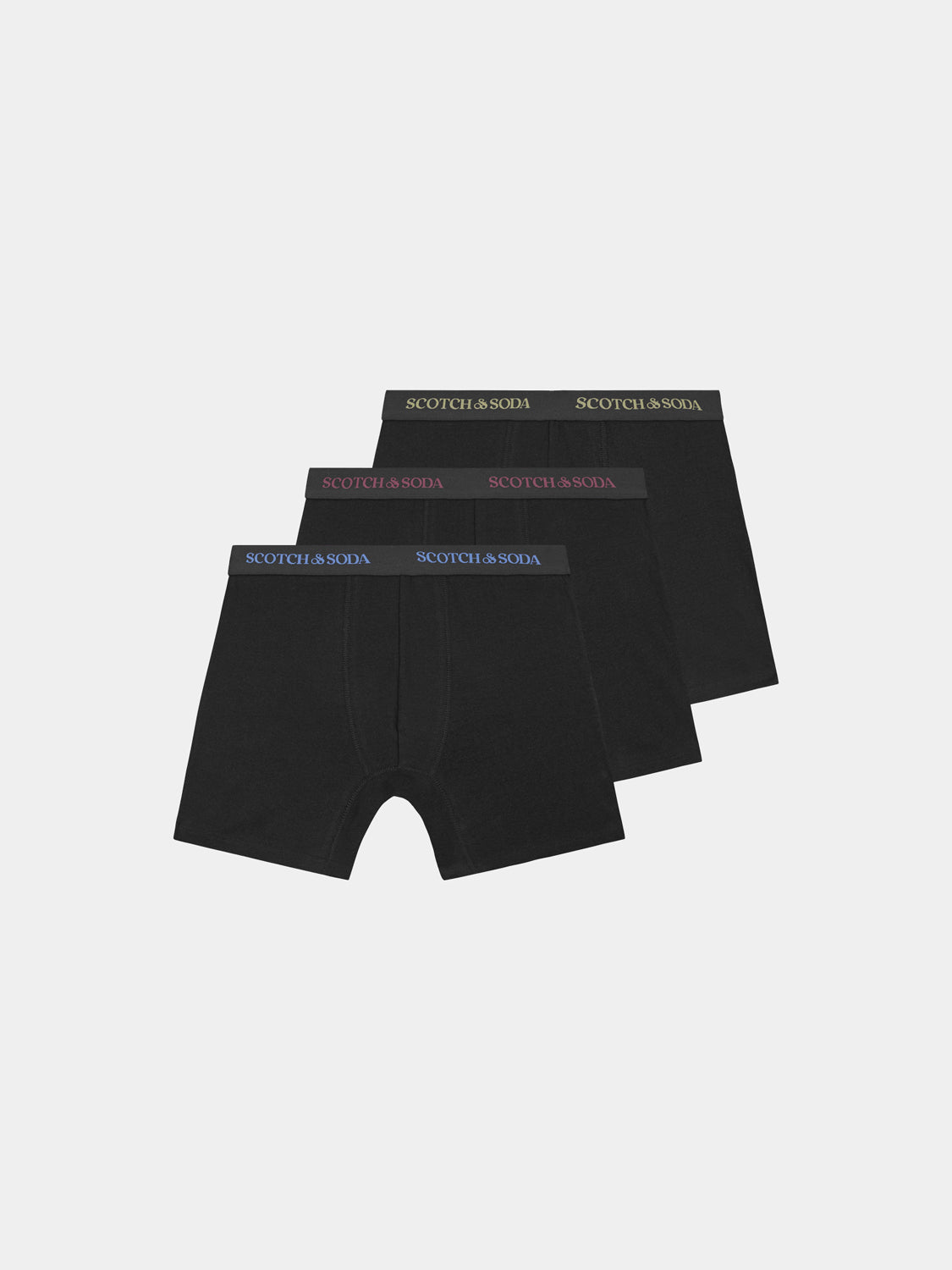 Three-pack boxer briefs by Scotch & Soda, men's underwear with comfortable fit and stylish design, shown in the image.