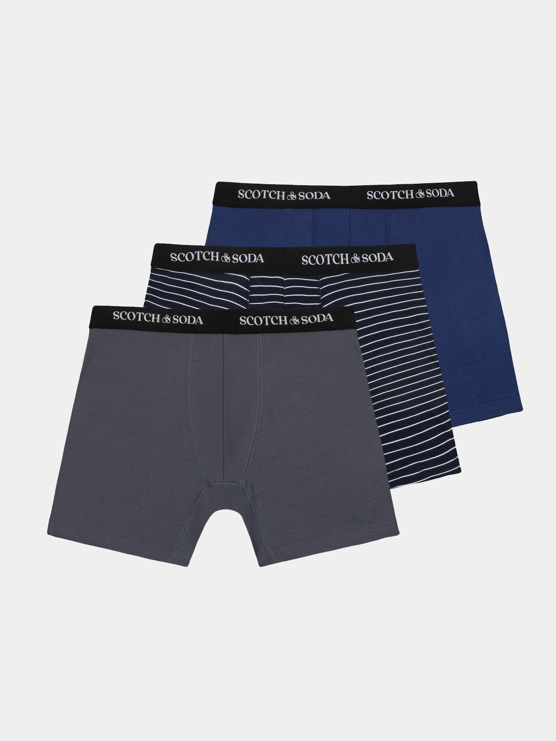 Three-pack boxer briefs from Scotch & Soda, men's underwear set in assorted colors, featuring comfortable waistband and snug fit.