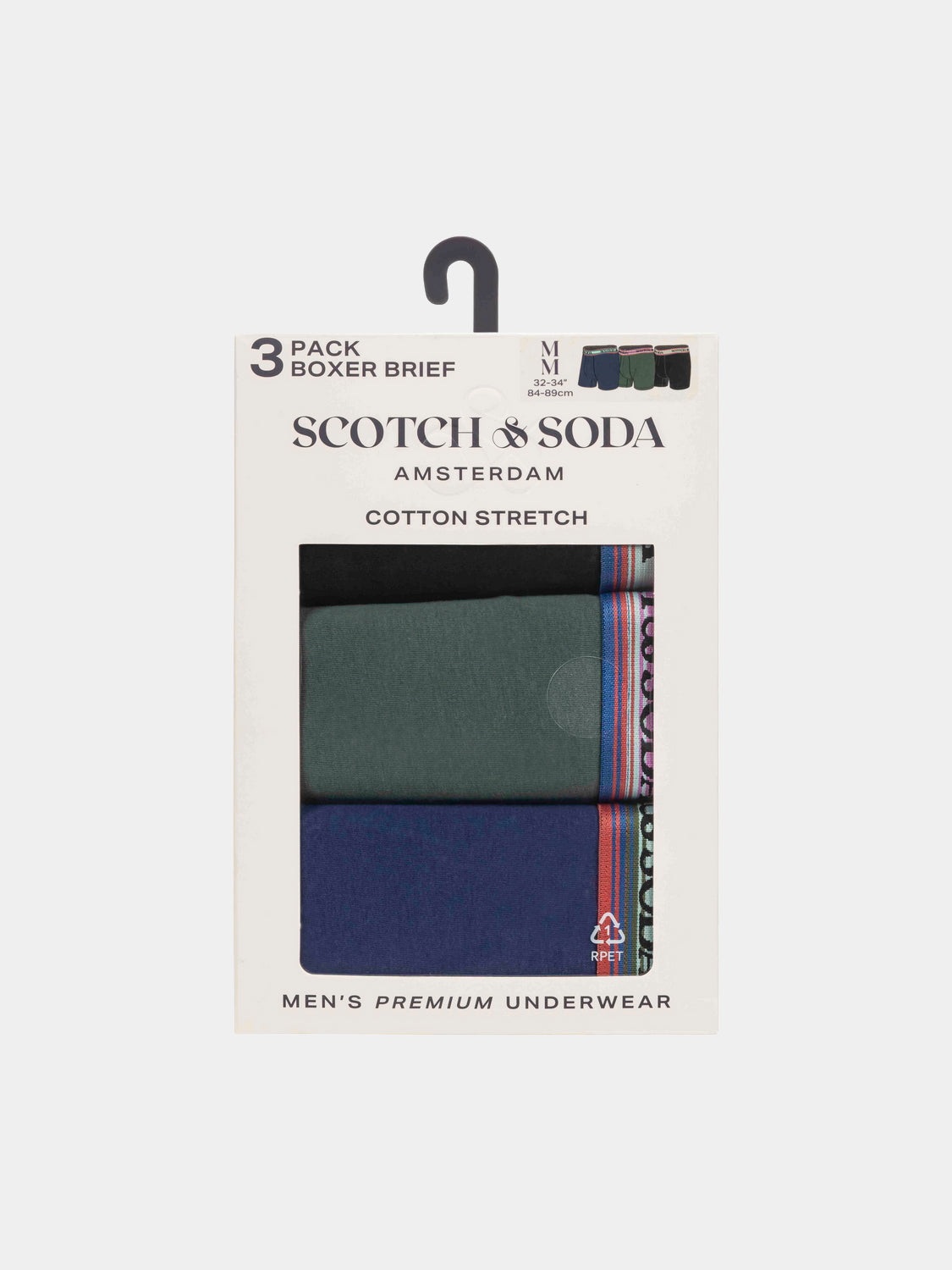 Three-pack Scotch & Soda men's boxer briefs in various colors, made from soft, breathable underwear fabric.