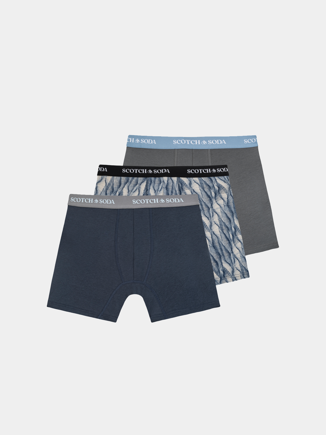 Three-pack Scotch & Soda men's boxer briefs in assorted colors, made from comfortable stretchy underwear fabric.