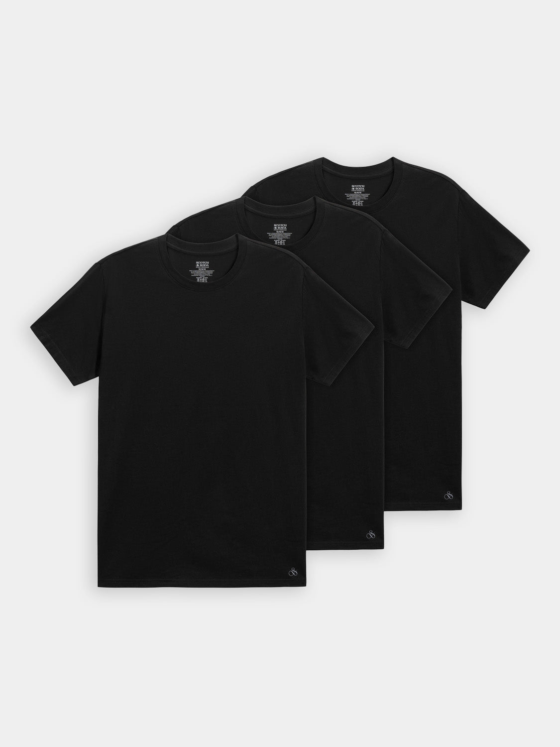 Three Scotch & Soda short-sleeve crew neck T-shirts in neutral colors, displayed folded in a 3-pack set.