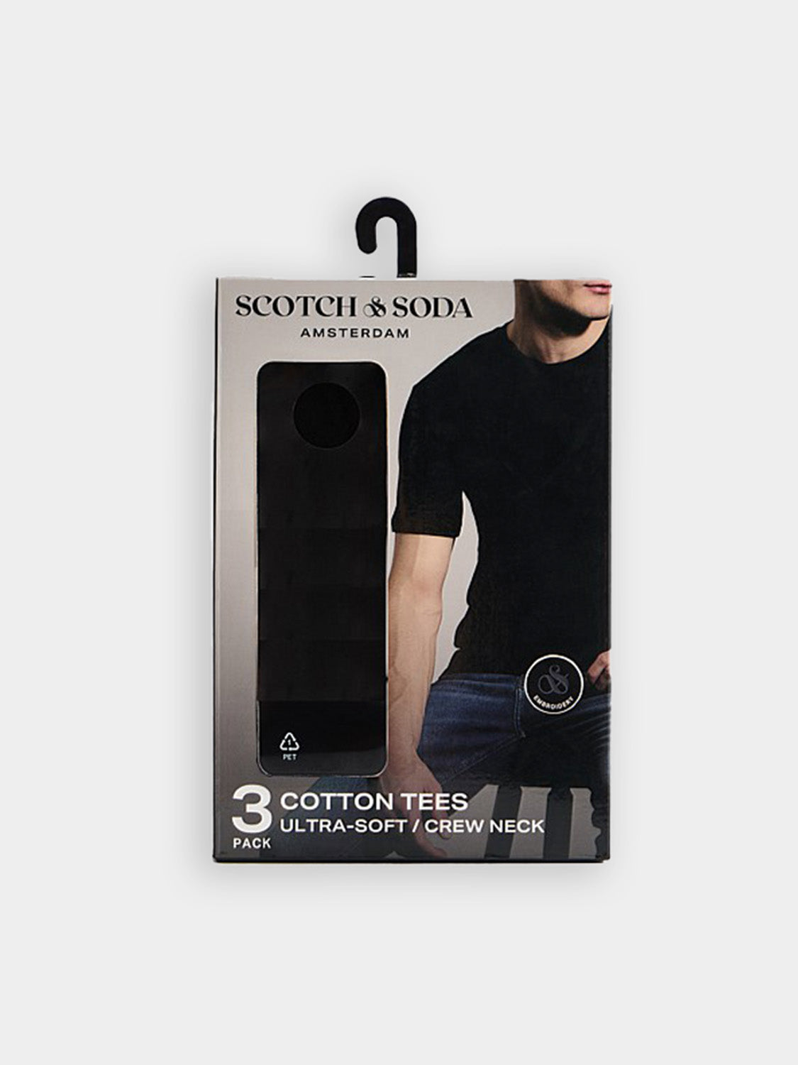 Three Scotch & Soda men's crew neck short sleeve T-shirts in neutral colors, laid flat for display.