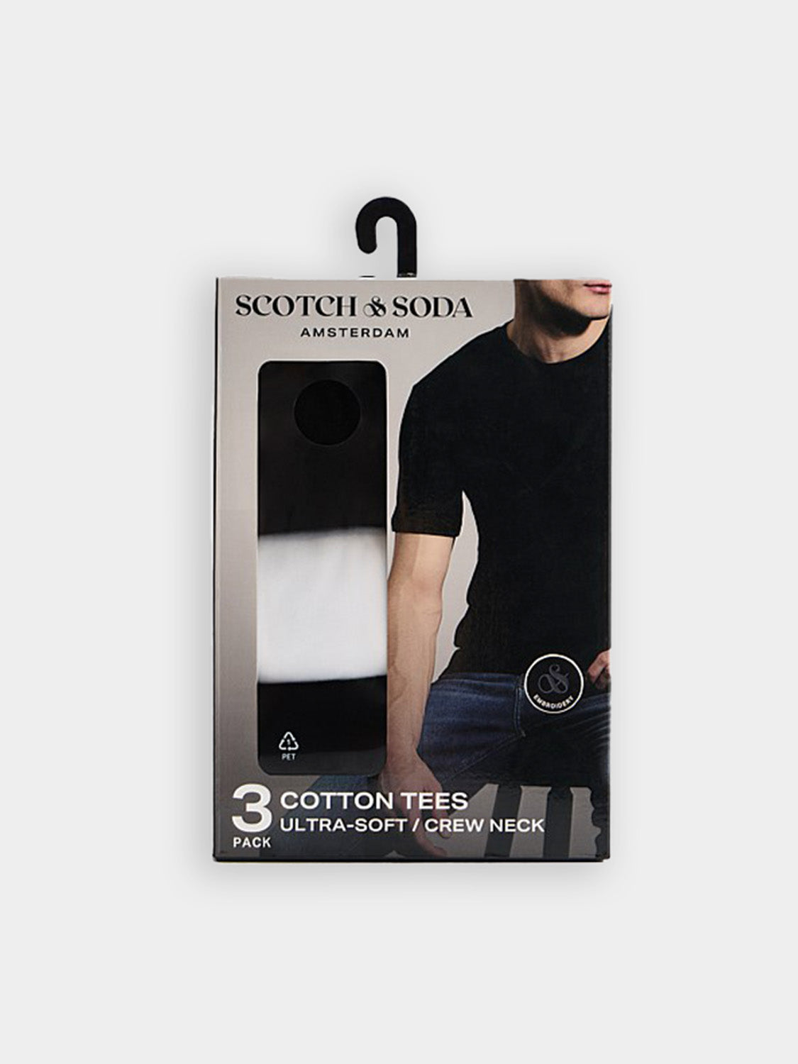 Three Scotch & Soda short-sleeve crew neck T-shirts in a 3-pack, shown in various colors, made from soft cotton fabric.